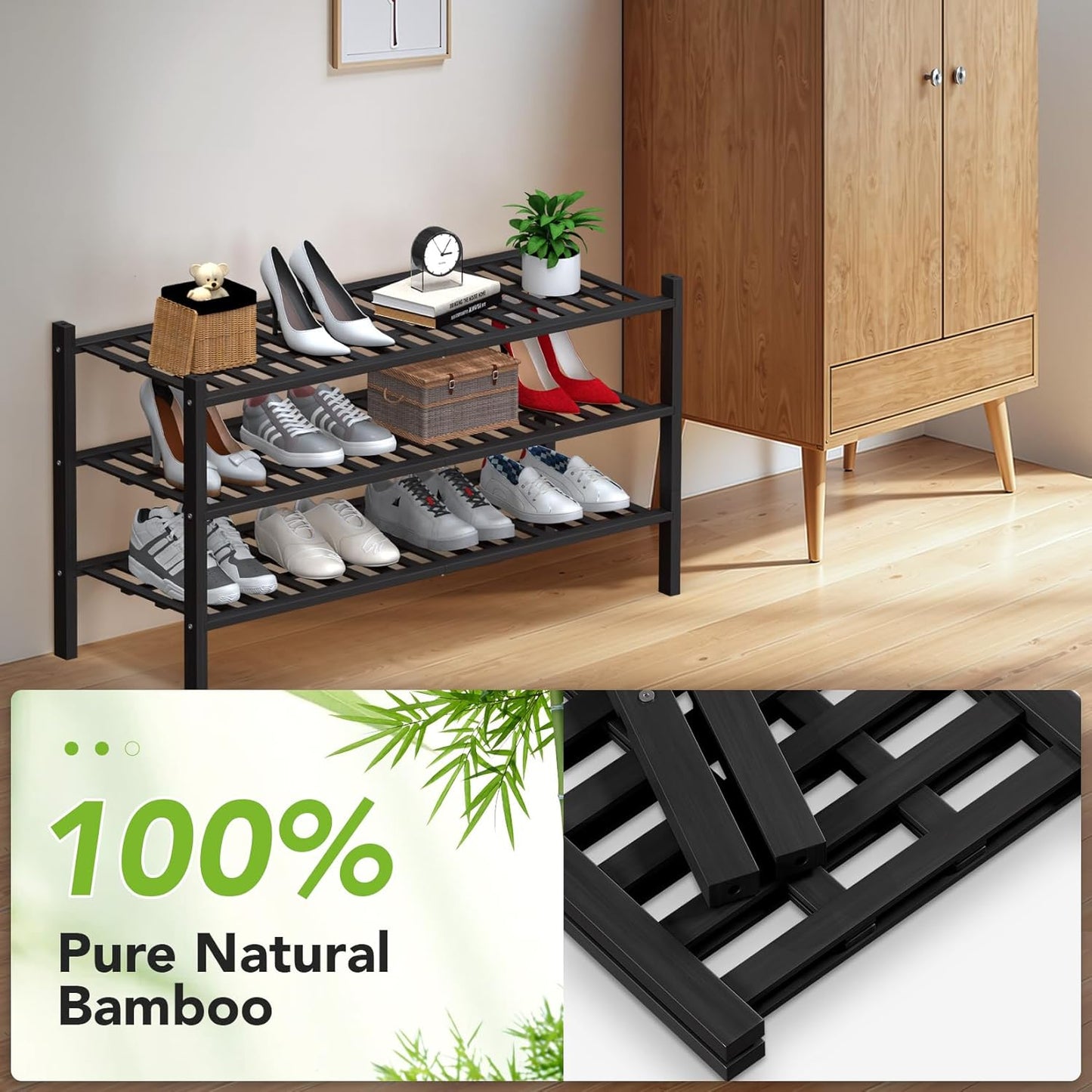 Haddockway Long 3 Tier Bamboo Shoe Rack Storage Organizer, Multifunctional Free Standing Stackable Shoe Shelf with Grid Panel for Closet,Hallway,Entryway,Small Space 34.2"x11"x20"(Black, 3-Tier(Long))