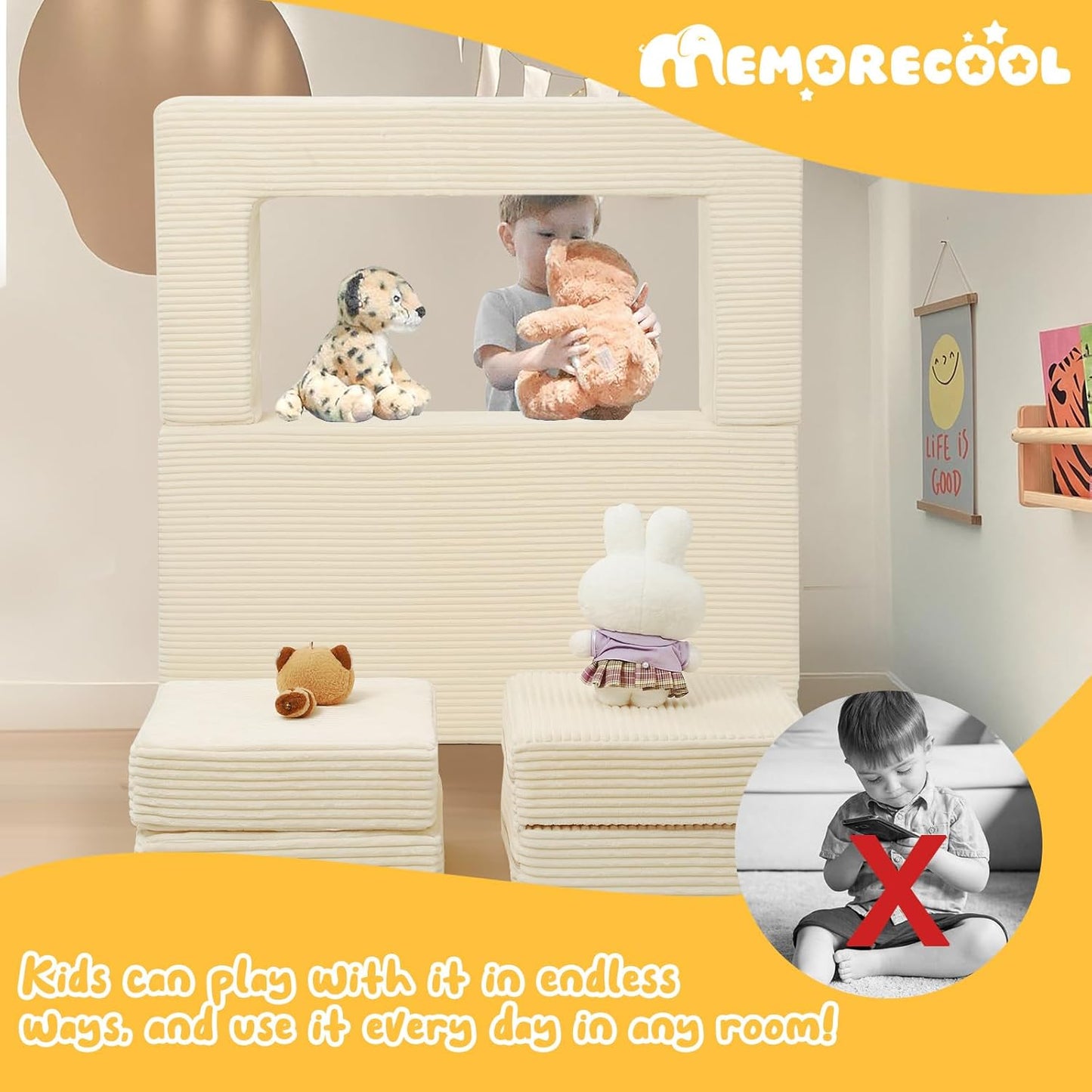 MeMoreCool Modular Kids Couch, Corduroy Play Toddler Couch for Bedroom Playroom Furniture, Convertible Foam Kids Sofa Bed, Fold Out Baby Sofa for Girl Boy, Beige