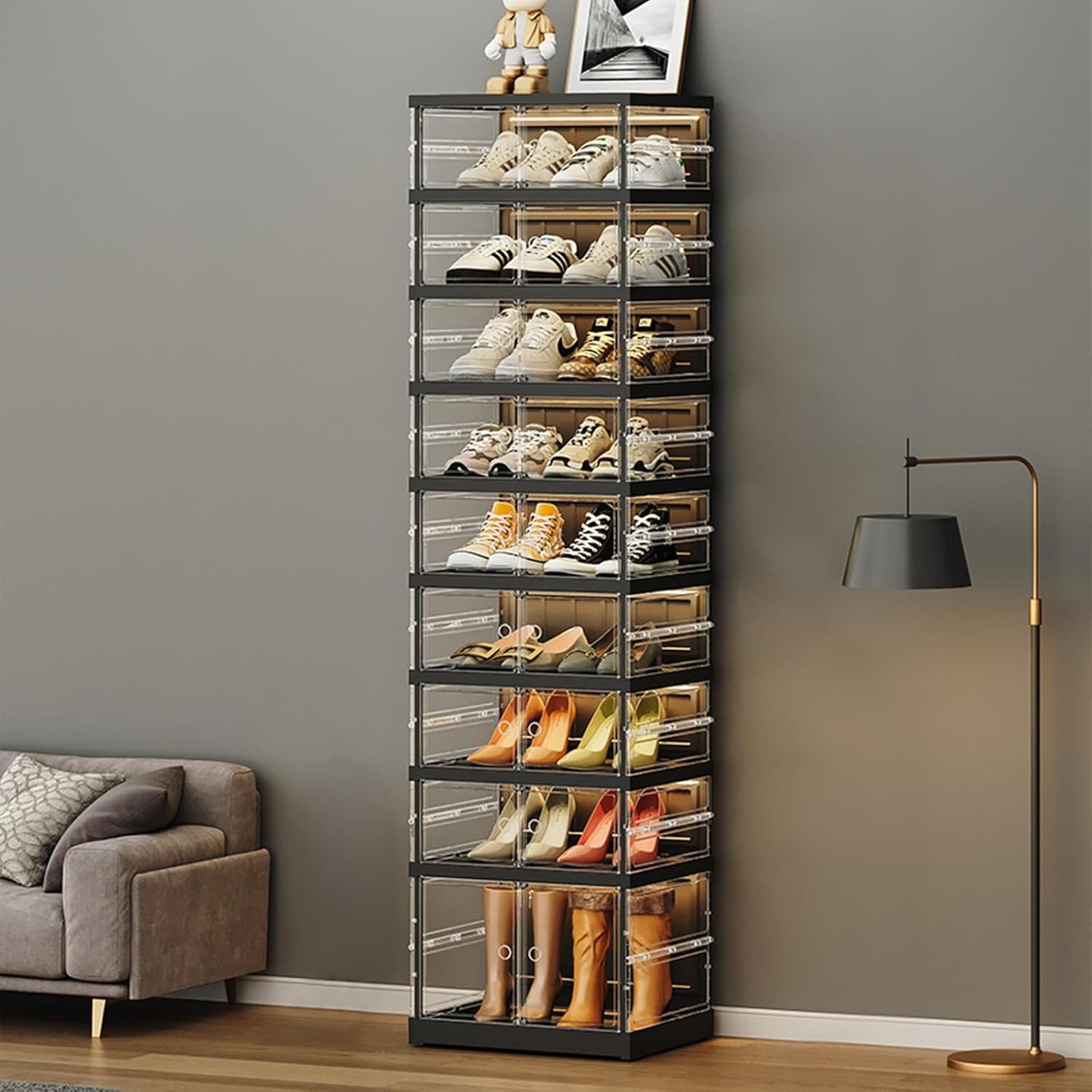 ELPHECO 9 Tier 18 Pairs Foldable Shoe Rack - Clear Shoe Rack Organizer, Folding Entryway Shoe Cabinet, Collapsible Sneaker with Magnetic Doors, Stackable Shoe Shelf,Three-Sided Clear Shoe Box, Black