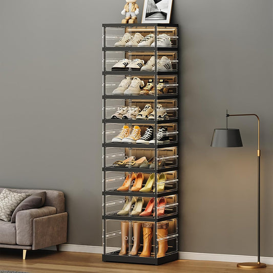 ELPHECO 9 Tier 18 Pairs Foldable Shoe Rack - Clear Shoe Rack Organizer, Folding Entryway Shoe Cabinet, Collapsible Sneaker with Magnetic Doors, Stackable Shoe Shelf,Three-Sided Clear Shoe Box, Black