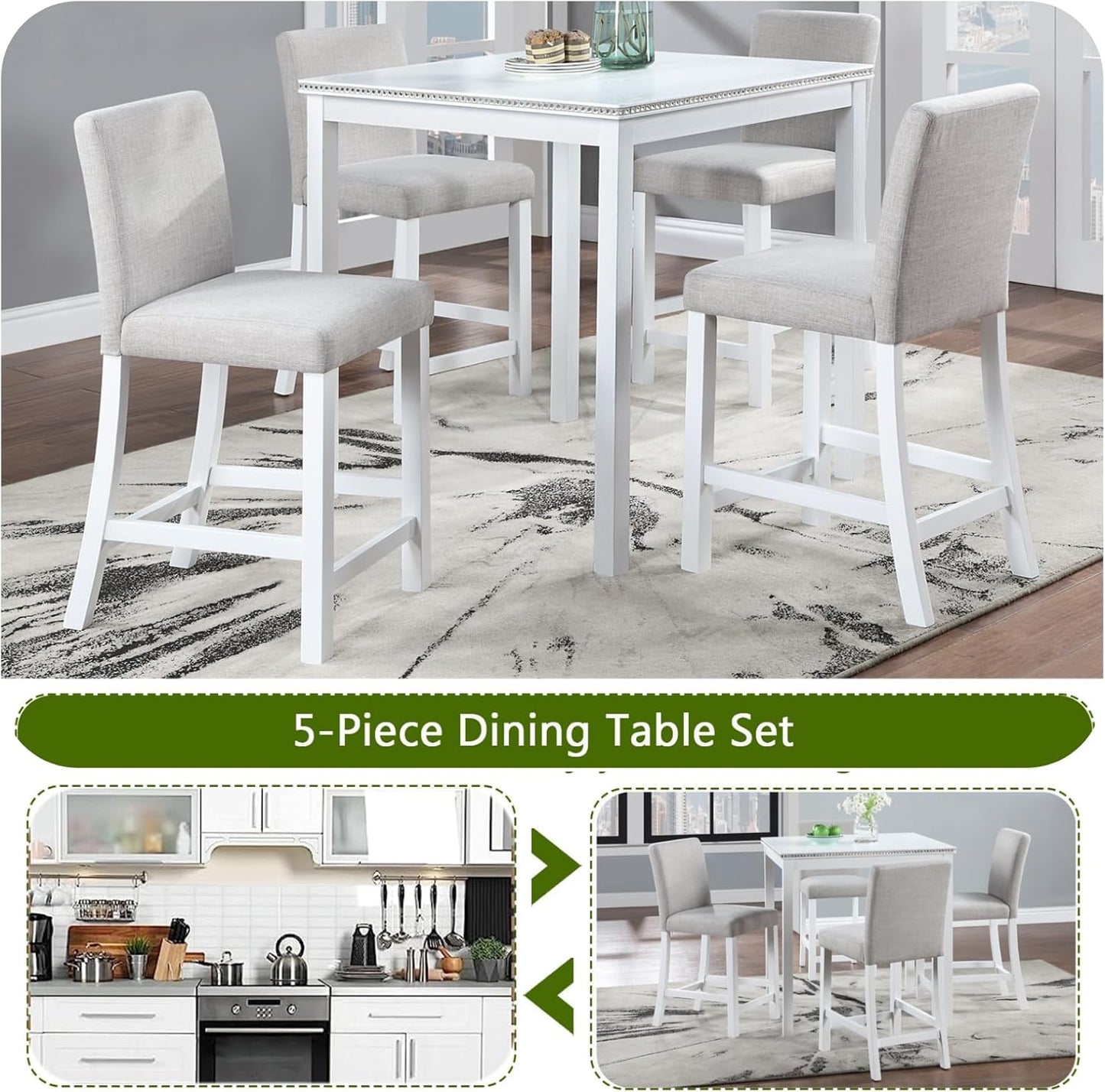 Dining Table Set for 4, Counter Height, Square, White - Easy to Assemble, Includes 4 Upholstered Chairs for Living, Dining, Guest Room