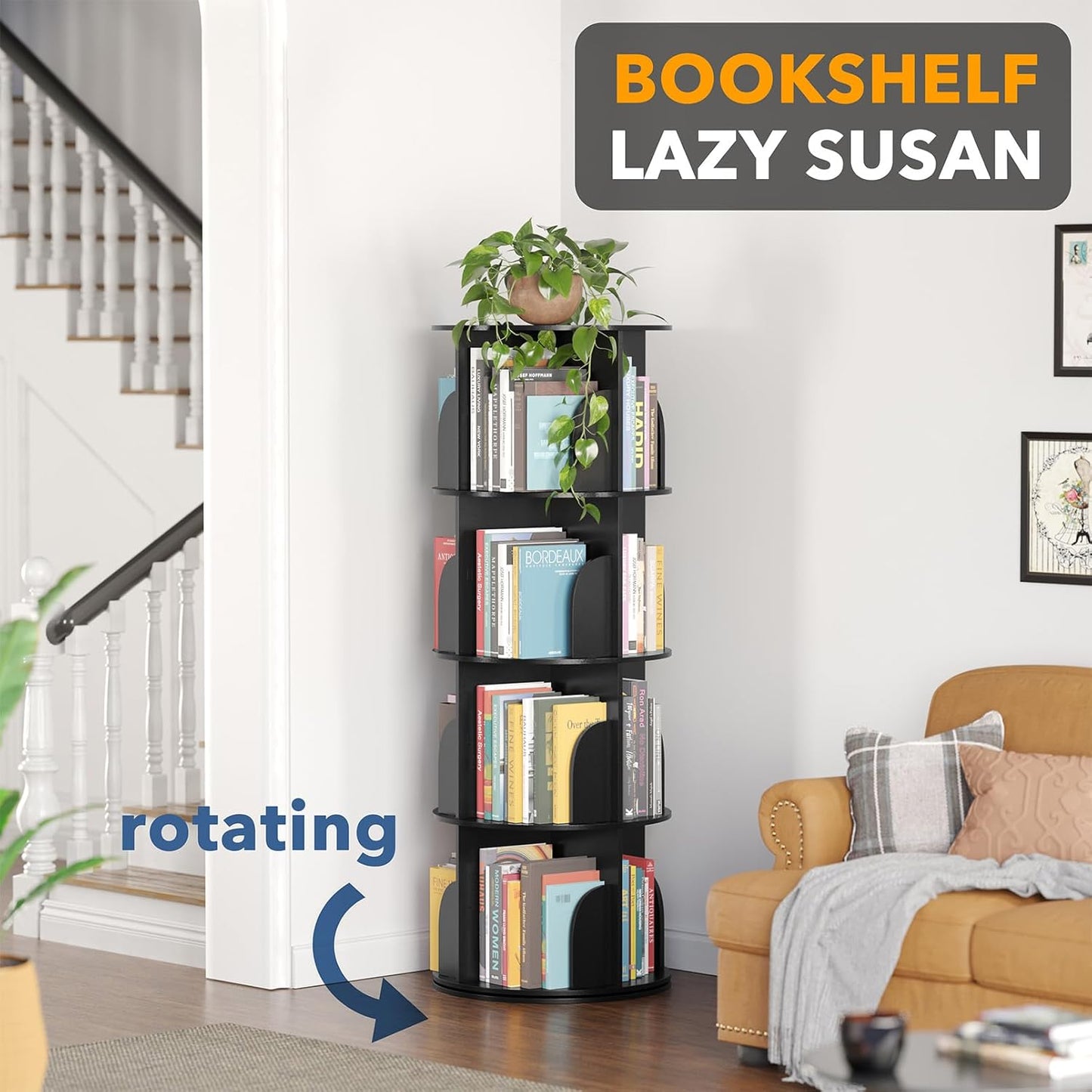SpaceAid 4 Tier Rotating Bookshelf Tower, Spinning Bookcase Lazy Susan, Revolving 360 Book Shelf Storage Round Carousel, Vertical Rotate Turning Spiral Corner Organizer, Black