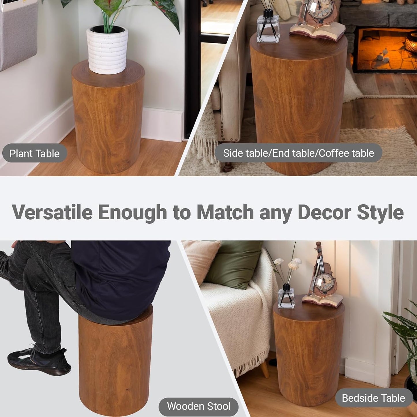 Athaliah Wooden Tree Stump End Table, 15.75" Paulownia Wood Hand Carved Rustic Wood Side Table, Wood Stump for Plant Stand Decor Nightstands Stool Indoor Outdoor