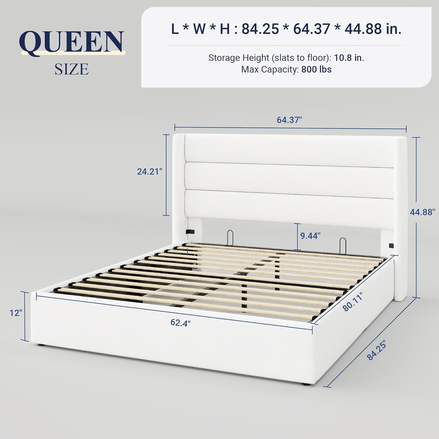 Allewie Queen Size Velvet Lift Up Storage Bed, Modern Wingback Headboard, Hydraulic Support, No Box Spring Needed, White