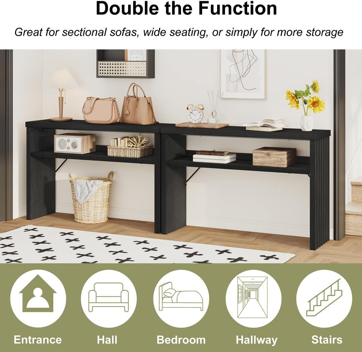 BON AUGURE Console Table with Storage, Black Entryway Table, Wooden Couch Tables Behind Sofa for Living Room, 2 Tier Front Door Entrance Tables (Black Oak, 47 Inches)