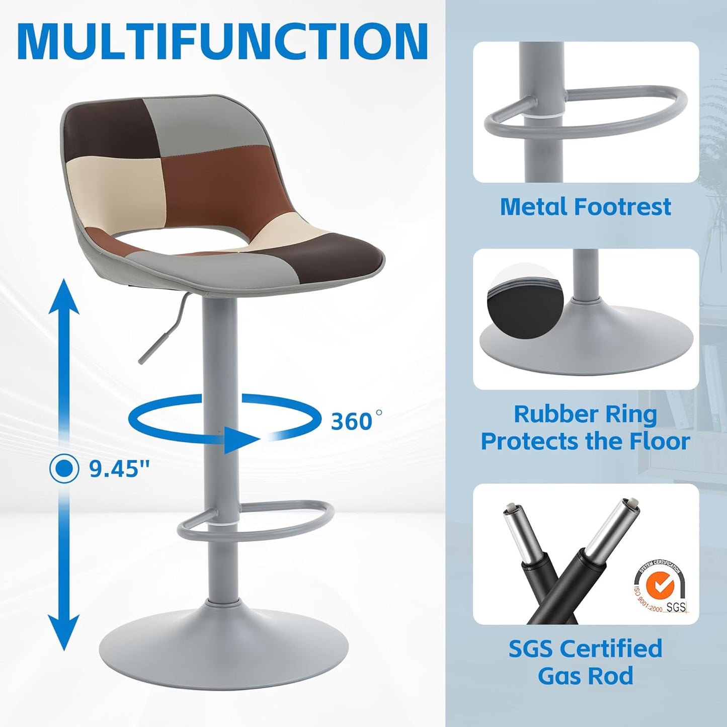 YOUNIKE Bar Stools Set of 2, Boho Colorful Patchwork Faux Leather Barstools, Adjustable Swivel Counter Height Bar Stool Upholstered Counter Stools with Hollow Back for Kitchen Island, GreyBeige