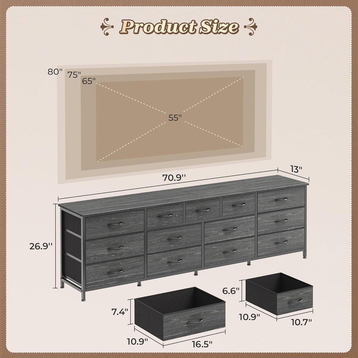 Huuger 70 Inch Dresser for Bedroom, TV Stand for 65, 75, 80 Inch TV, 13 Fabric Drawer Long Dresser, Large Entertainment Center for Bedroom, Wide Chest of Drawer with Storage, Charcoal Black