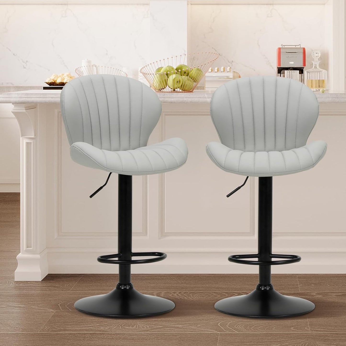 COLAMY Bar Stools Set of 2, Modern Swivel Bar Chairs, Adjustable Faux Leather Upholstered Barstools Counter Height with High Backrest for Bar, Kitchen Island, Dining Room, Grey