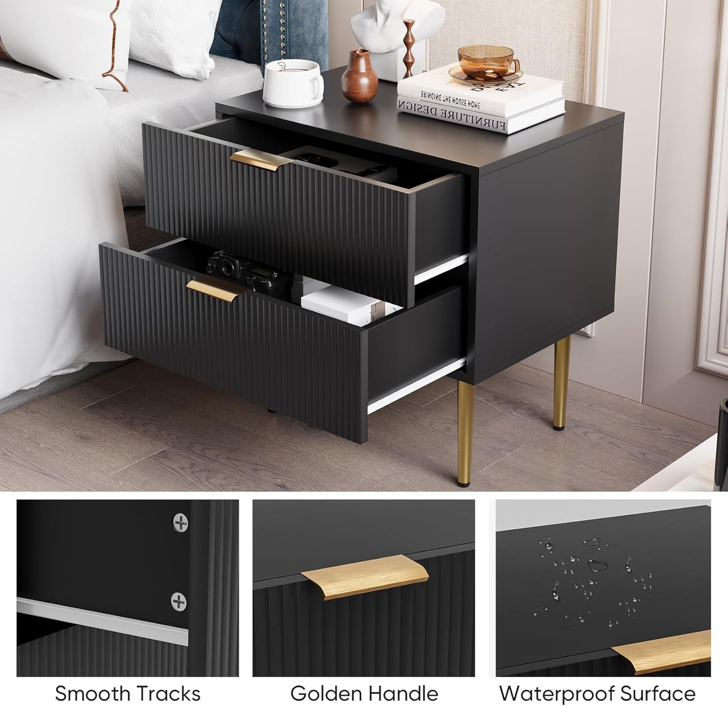 Black Nightstand for Bedroom, Fluted Night Stand, End Table for Living Room, Mid Century Modern Bedside Table with Drawers, Bed Side Table with Gold Metal Legs, Bedroom Furniture Stripe