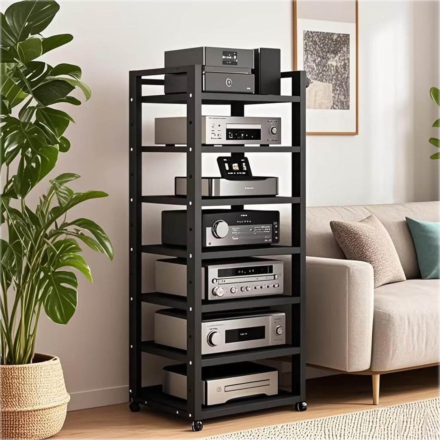 7 Tier Audio Rack Tower, CD Record Player Stereo Receiver AV Equipment Cabinet Display Rack, Weight Capacity 661 lbs, with Adjustable Wooden Shelves for Home (BIACK, 7 Tier 55×19.7×15.7IN)