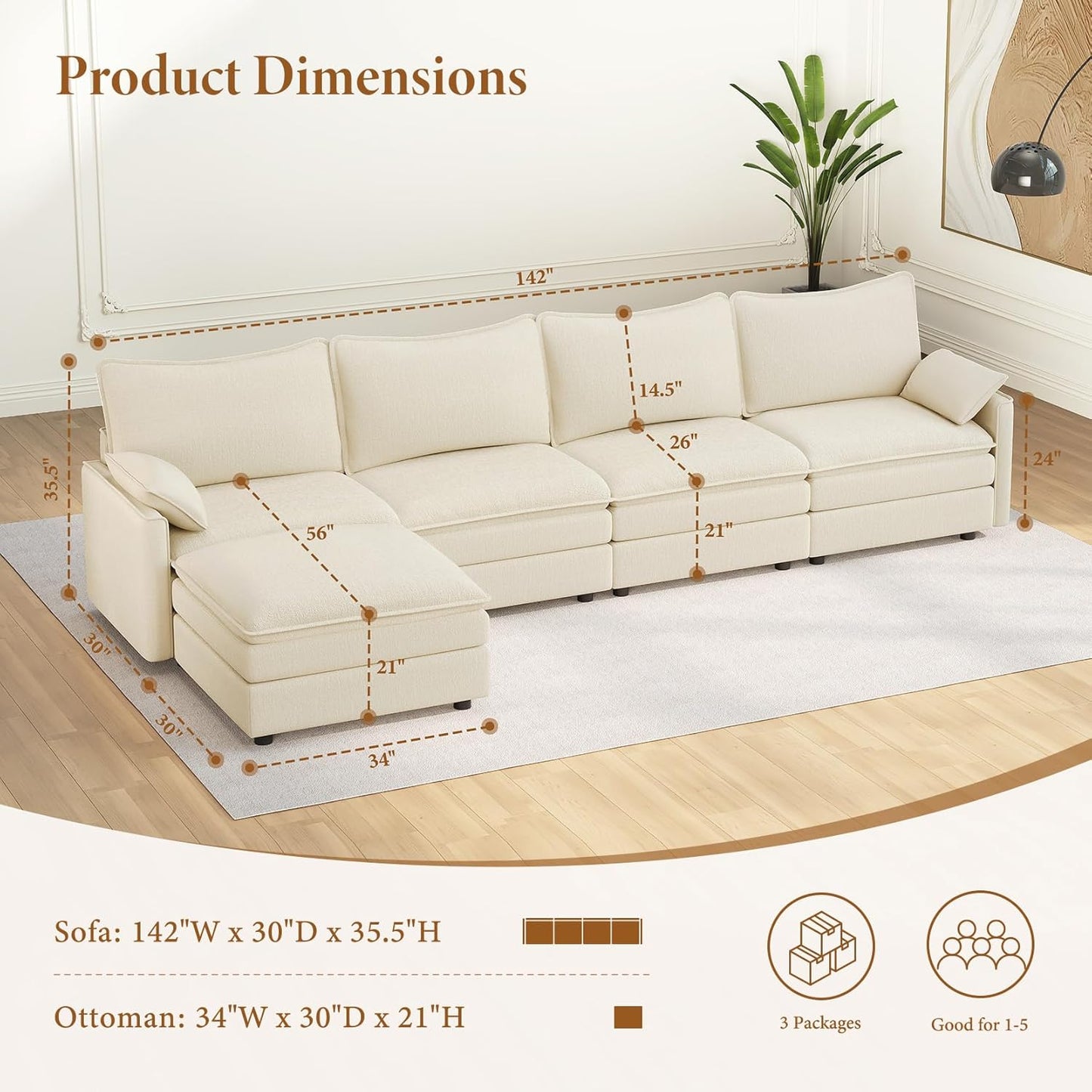 Vesgantti 142" Cloud Couch Sectional Modular Sofa, Comfy Sectional Couch with Ottoman Deep Seat Chenille L Shaped Sofa, Modular Couches for Living Room, Bedroom and Apartment, Beige