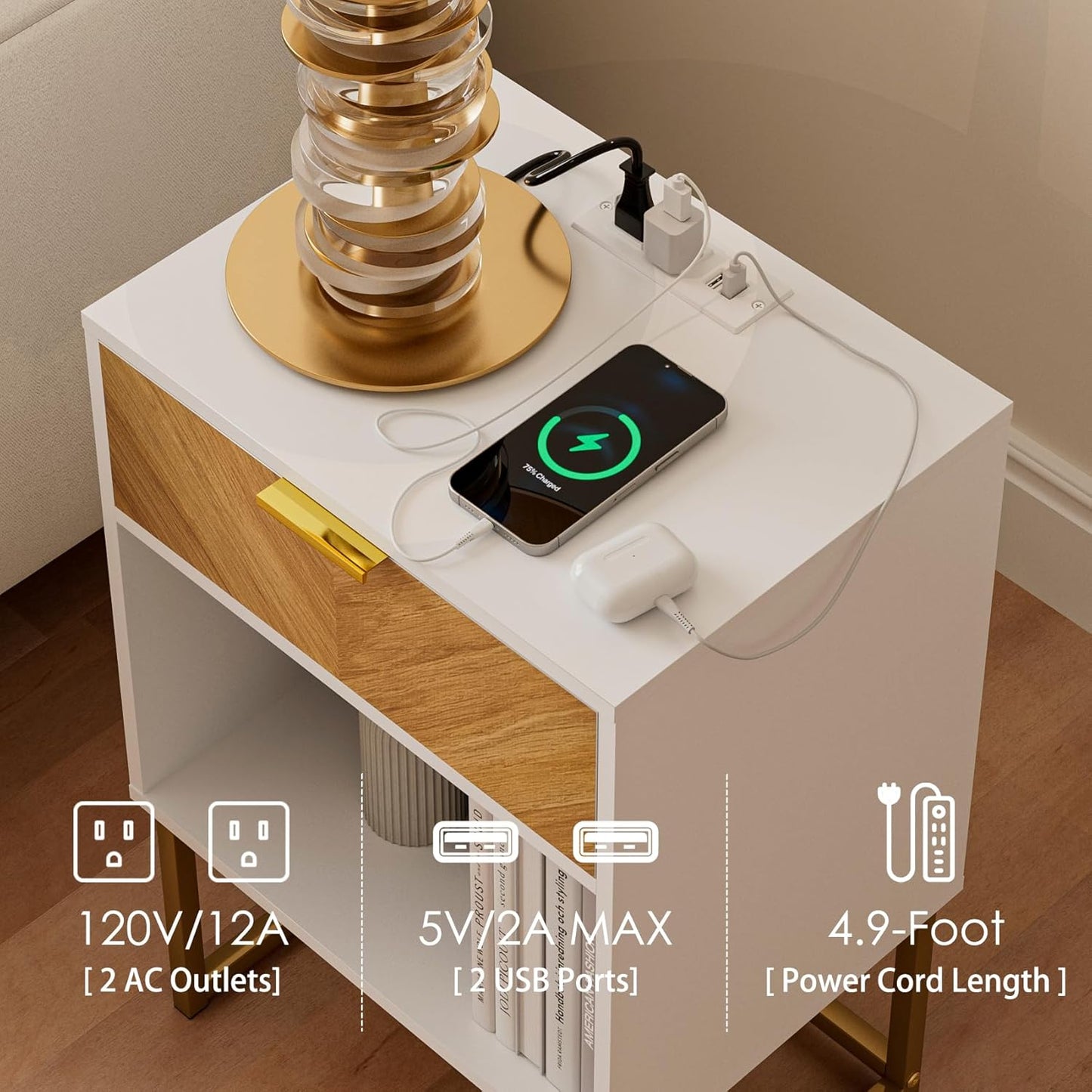 Masupu Extra Large Nightstand with Charging Station,Boho Night Stand Modern Farmhouse Wood Bedside Table with Storage Drawer and Open Shelf,Side End Table for Bedroom,Living Room,Office White