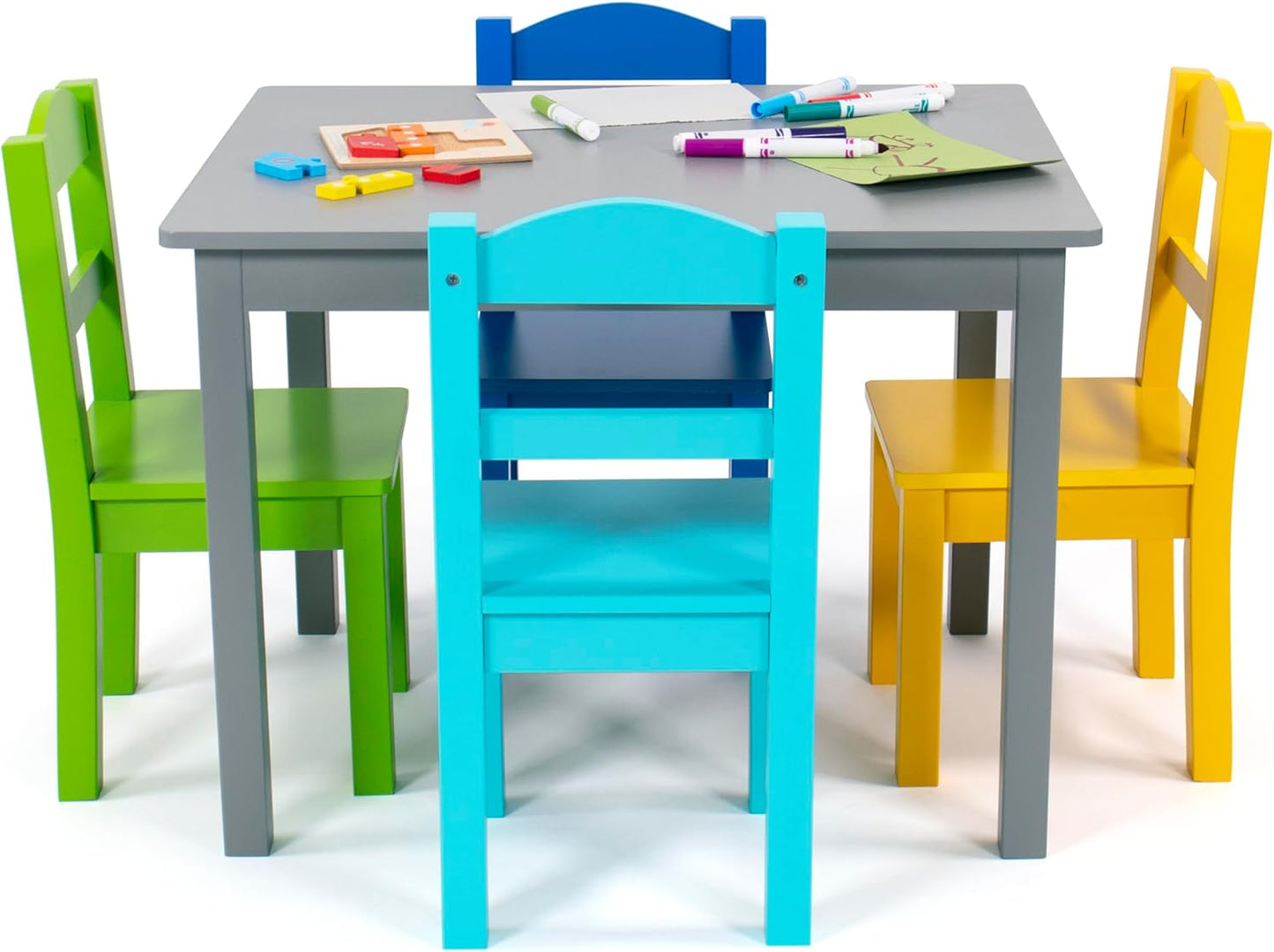 Humble Crew Kids Wooden Table and 4 Chairs Set, Grey/Blue/Green/Yellow - Kids Table and Chair Set for Toddlers and Children for Arts, Crafts, and Snack Time - Sturdy, Durable Toddler Activity Table