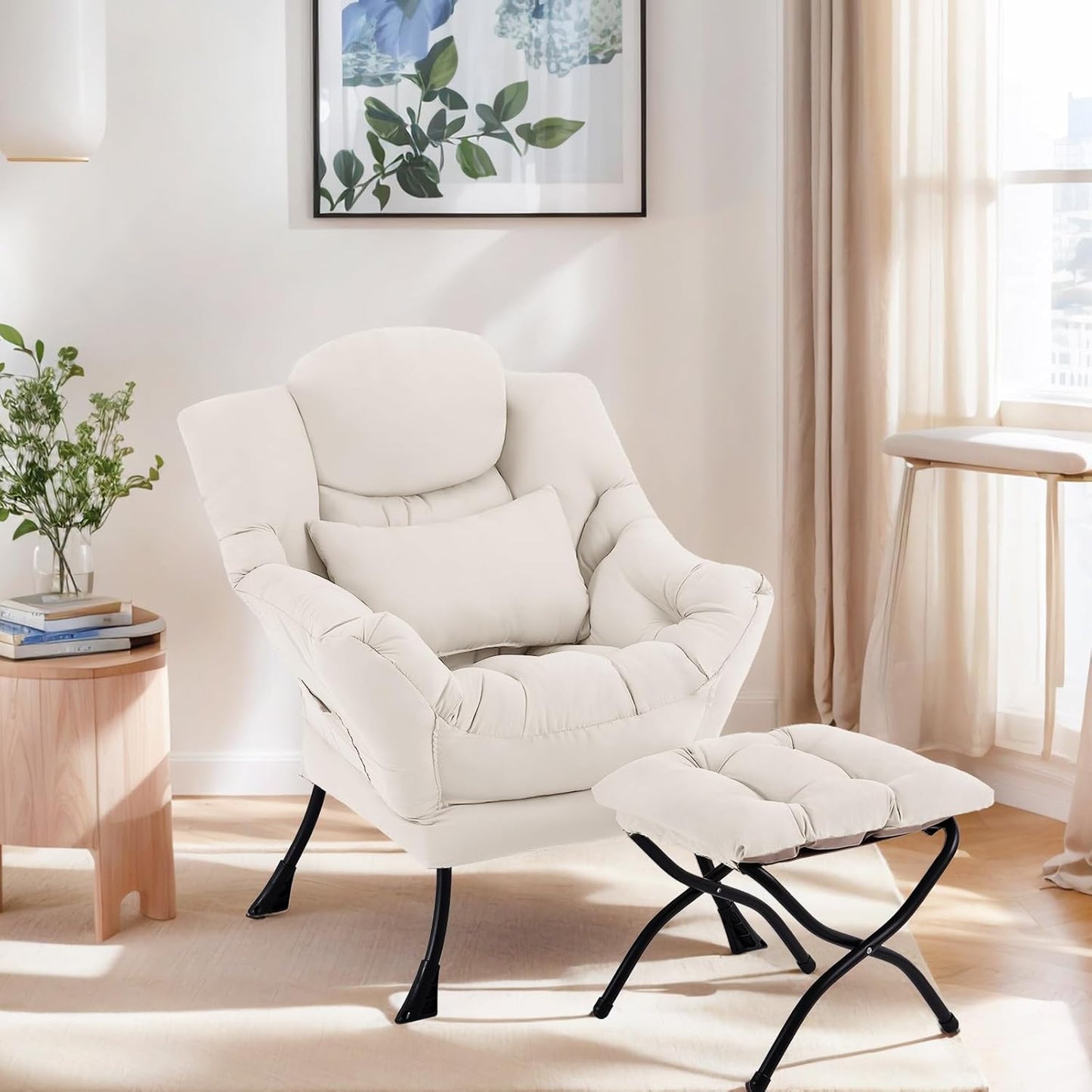 Lazy Chair with Ottoman, Comfy Fabric Accent Lounge Arm Chair with Lumbar Pillow and Folding Footrest, Reading Leisure Sofa Chair for Bedroom, Living Room, Dorm,Beige