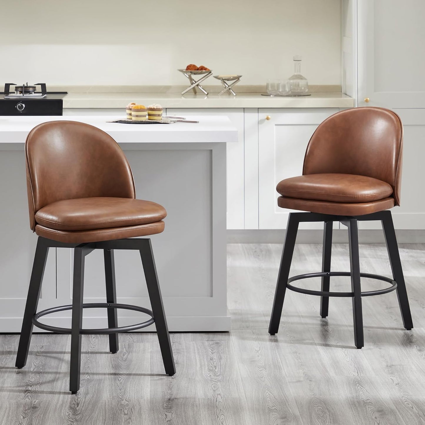 Counter Height Barstools 26 inch Upholstered Swivel Bar Stools with Back and Wood Legs for Kitchen Island,Set of 2,Brown PU Leather-Armless