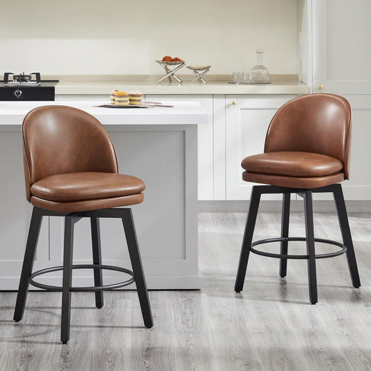 Counter Height Barstools 26 inch Upholstered Swivel Bar Stools with Back and Wood Legs for Kitchen Island,Set of 2,Brown PU Leather-Armless