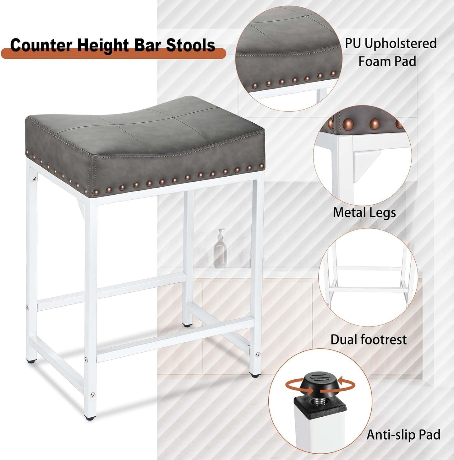 Bar Stools Set of 4, 24" Counter Height Bar Stools Set of 4 with Thick Saddle Cushion and Barstools Metal Frame, Modern Backless Saddle Counter Stools for Kitchen Island Bar Grey+White