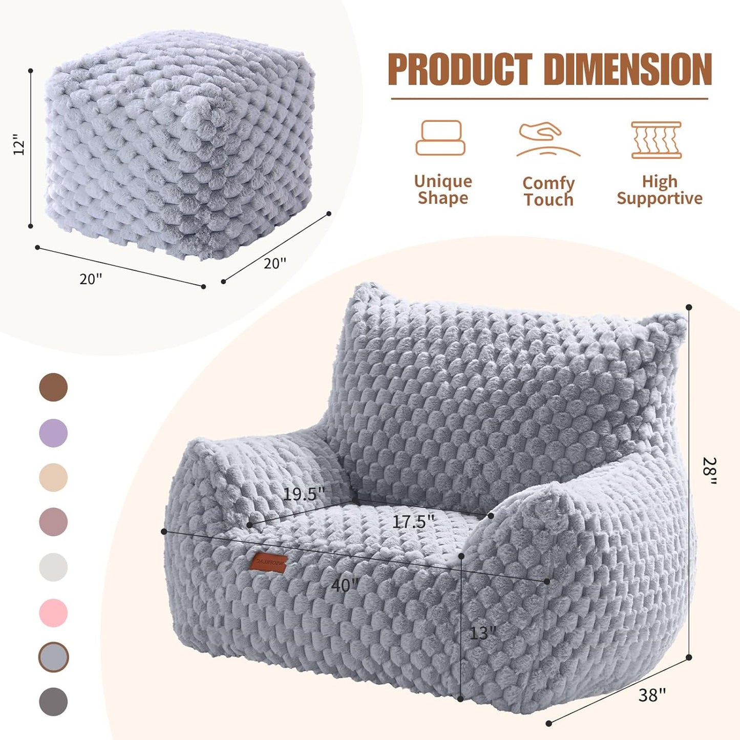 Big Bean Bag Chairs for Adults Cozy Giant Bean Bag Sofa Chair, Gaming Bean Bag Chairs with Foot Rest, Lounge Comfy Chair Indoor for Bedroom, Living Room