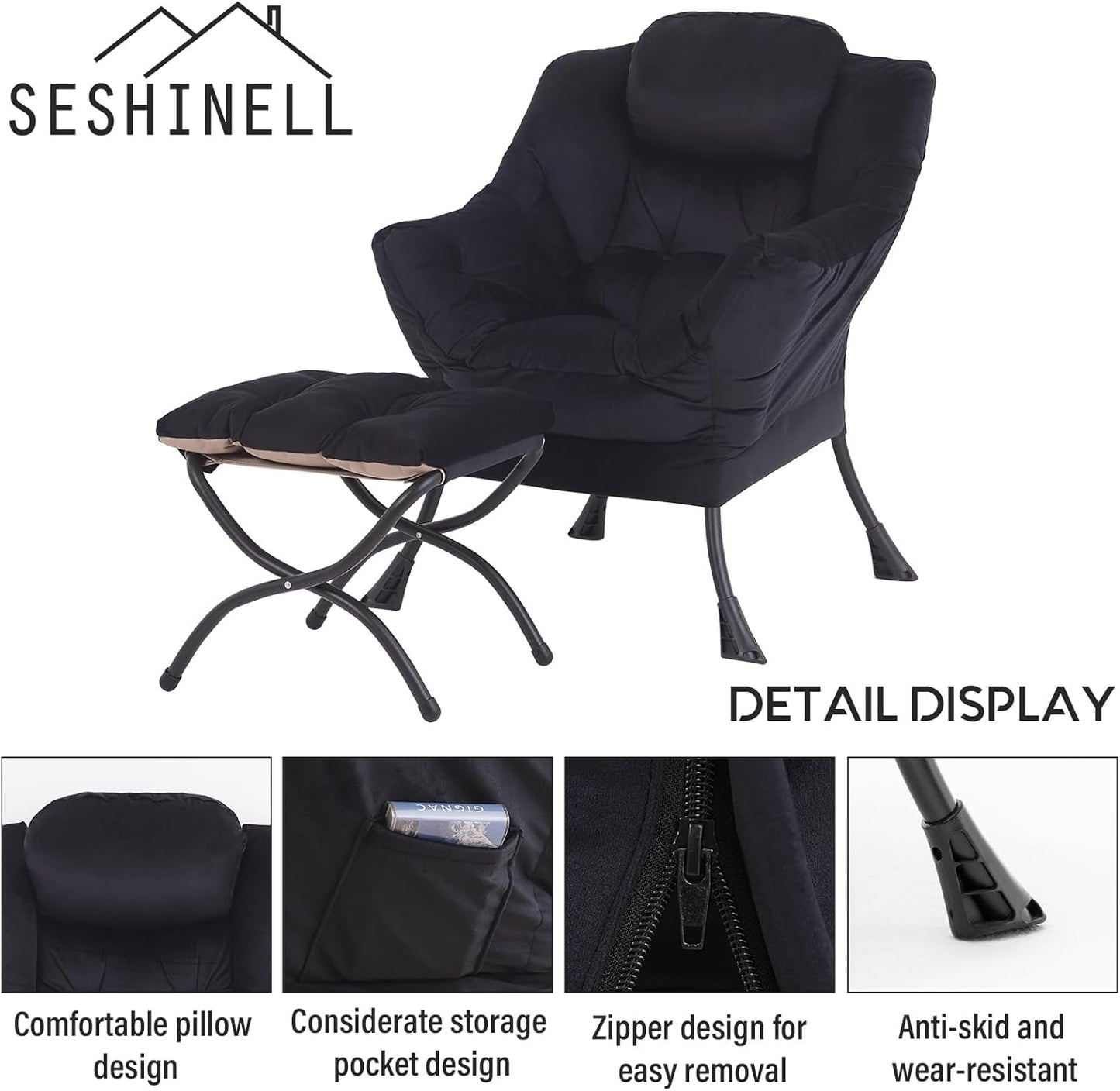 Lazy Chair with Ottoman, Modern Accent Chair Contemporary Lounge Leisure Sofa Chair with Armrests, Reading Chair and Folding Footstool Set for Living Room, Bedroom, Office, Velvet Black