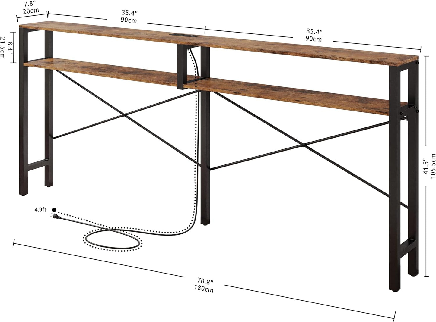 IRONCK Console Table with Power Outlet, Long Sofa Table with Shelves and X-Shaped Design, Narrow Sofa Entryway Behind Couch Table for Living Room and Hallway, Vintage Brown