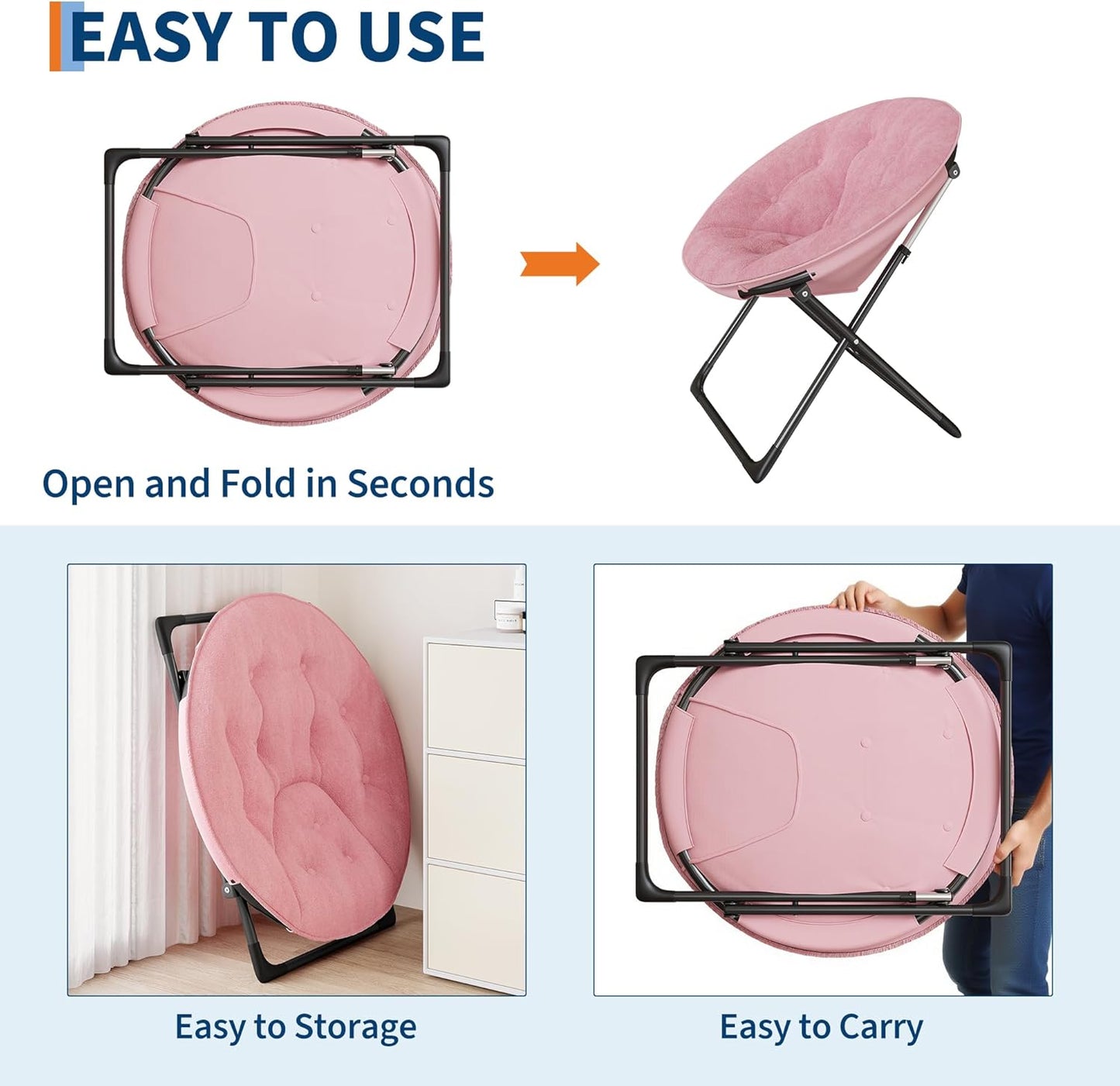 Saucer Chair with Faux Fur Cover - Foldable Moon Chair for Teens & Adults, Large Circle Seat Perfect for Bedroom, Living Room & Playroom, Soft Gaming Chair for Compact Spaces, Pink