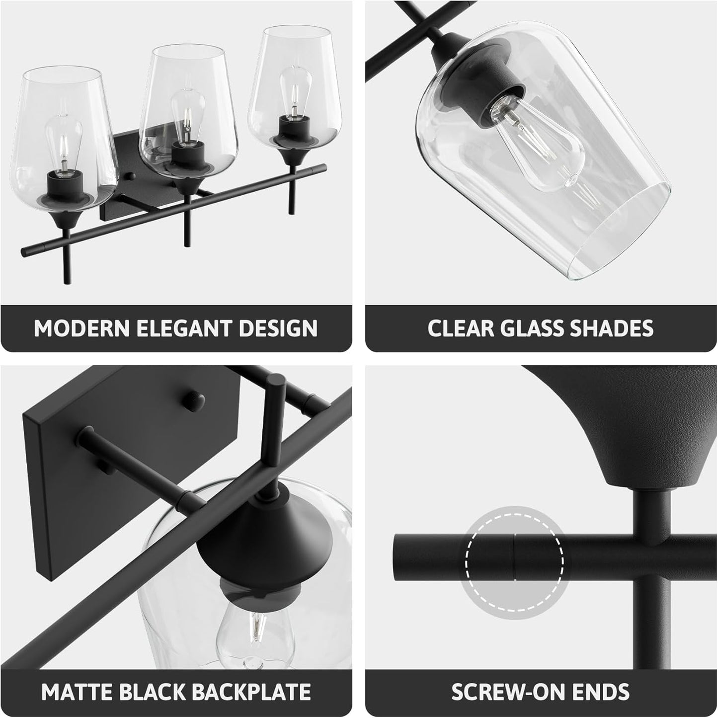 VONLUCE Bathroom Vanity Light, 3 Light Bathroom Light Fixture Over Mirror, Bathroom Wall Lamp with Clear Glass, Modern Black Vanity Lighting fixtures for Bathroom, Bedroom, Hallway