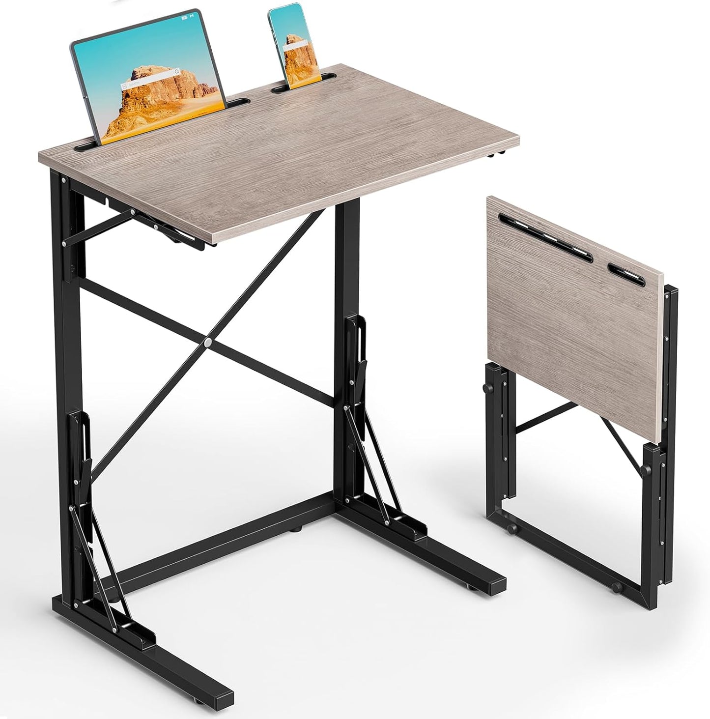 21''Wx28''H Folding TV Tray for Eating, Small Foldable C-Shaped Tray Table with Tablet and Phone Slots, Slide Under Couch Side Table for Recliner, Living Room, Bedroom, Greige