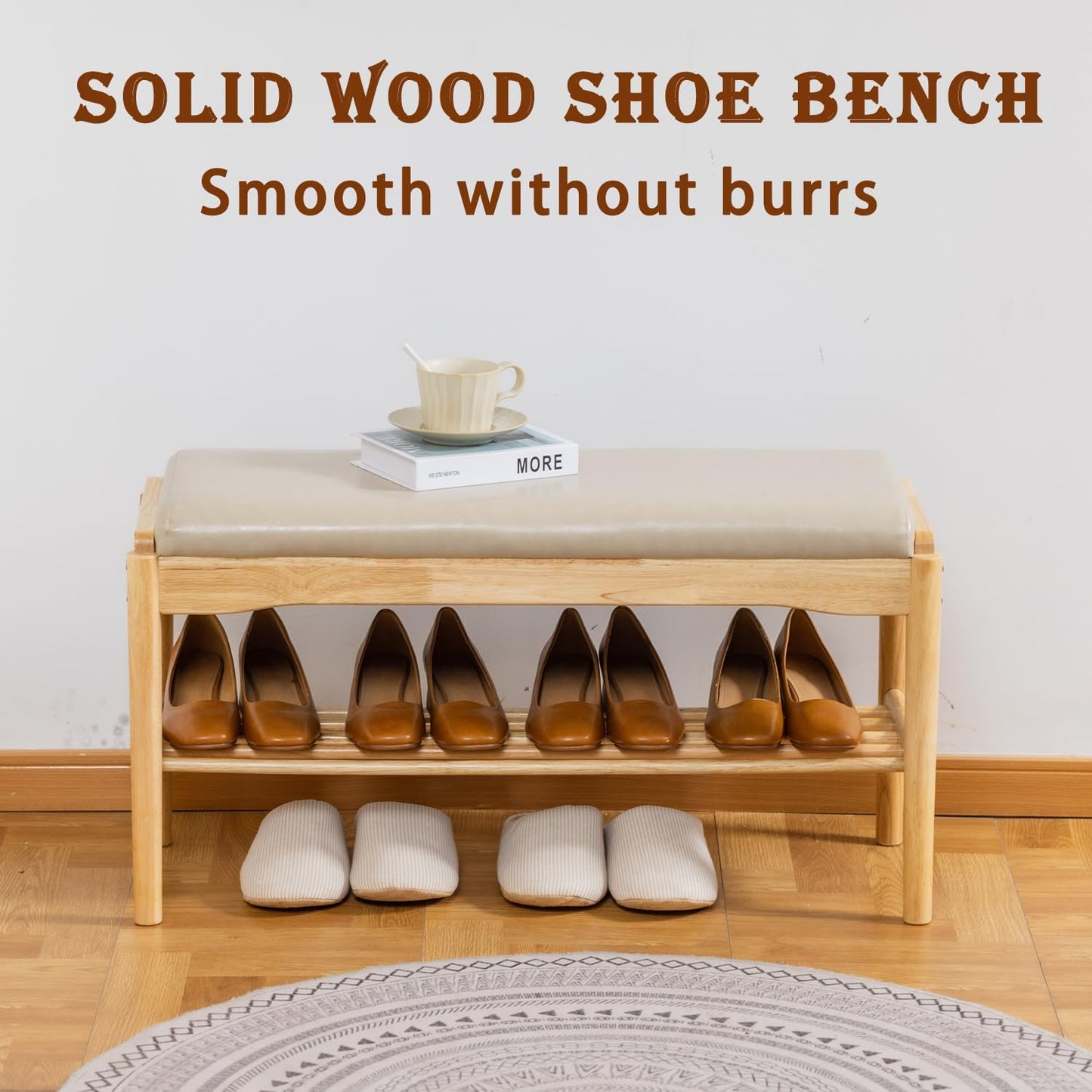latifolia Small Shoe Bench, Solid Wood Bench with Cushion, 2 Tier Shoe Storage Organizer for Entryway(Nature,31.50''L)