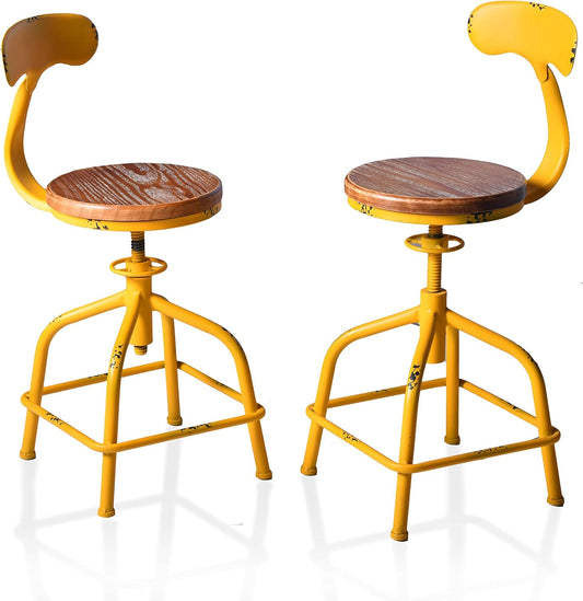 Topower Farmhouse Kitchen Stool, Industrial Counter Stool, Kitchen Deco Round Seat Standard Height Adjustable Swivel Bar Stools with Backrest Indoor House Design Iron Backrest Antique Yellow Set of 2