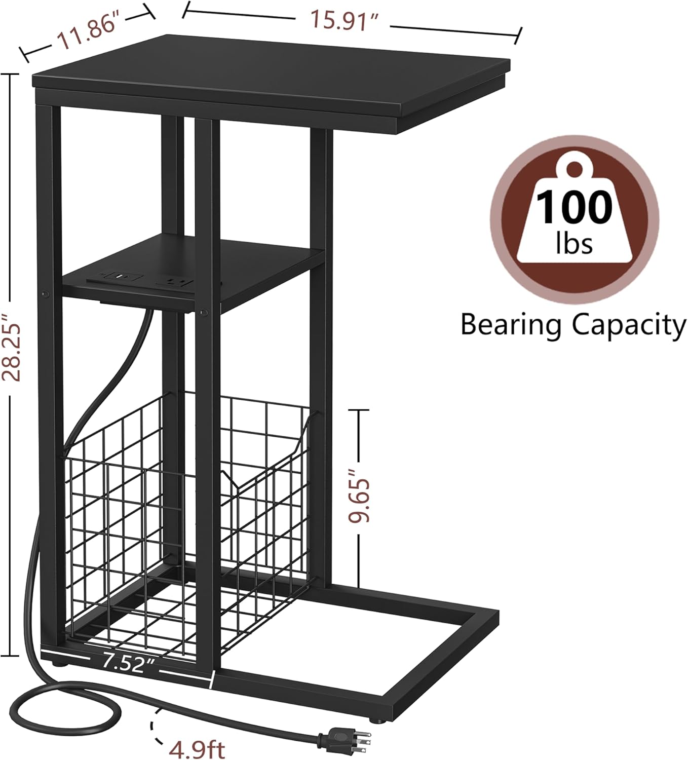Vagusicc C Shaped End Table with Charging Station, Side Table for Couch, Small Side End Table for Small Spaces, 28" High Slide Under Sofa Table for Coffee, Tv Tray Table for Living Room, Black