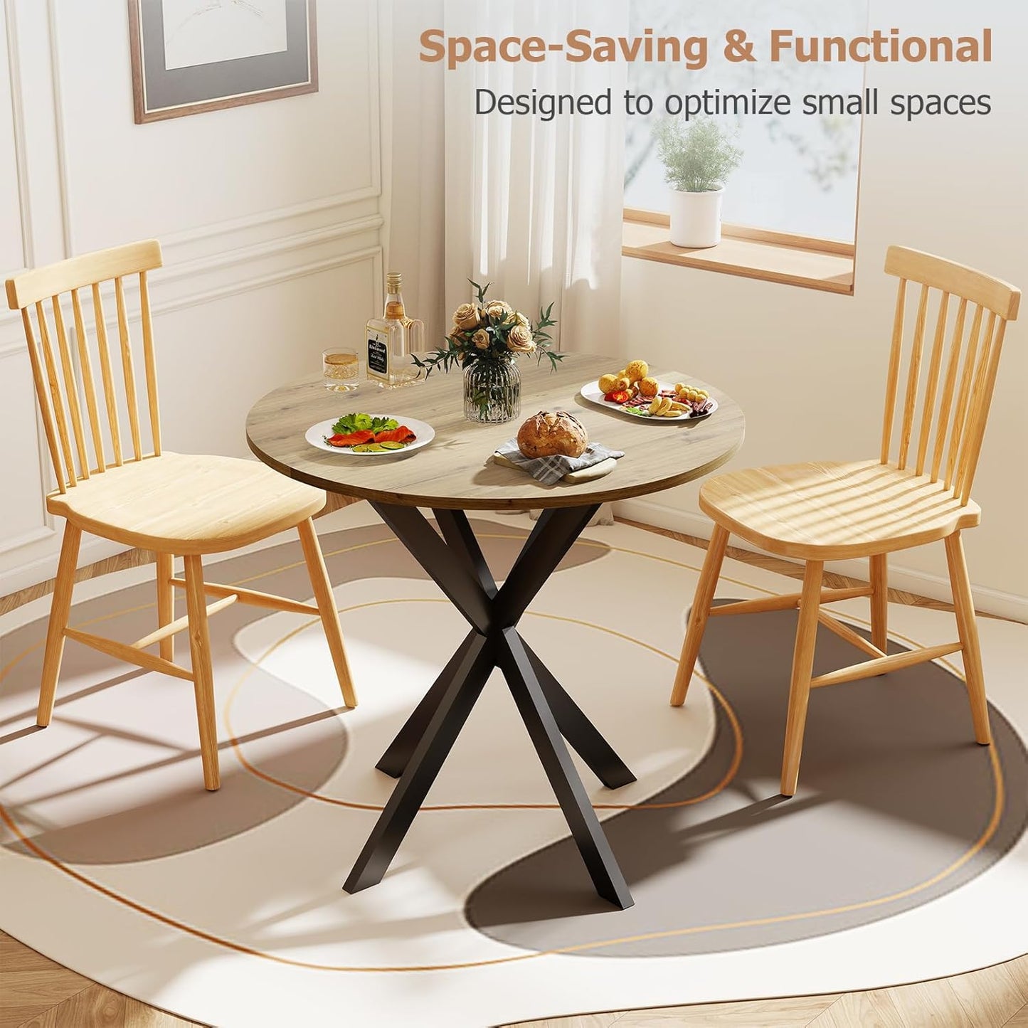 Round Dining Table, 31.5" Small Dining Table for 2-4, Round Kitchen Table with Metal Black Legs, Modern Round Dining Room Table for Kitchen, Apartment, Living Room, Brown