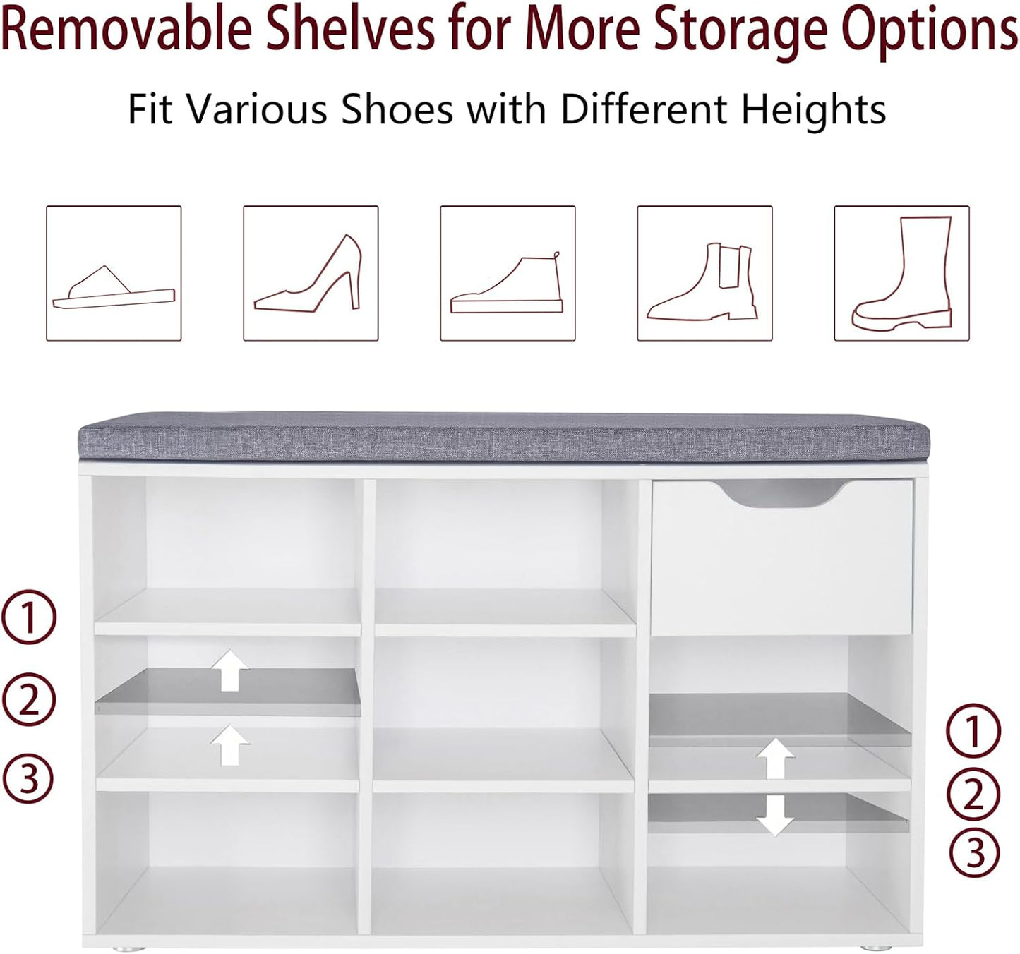 DINZI LVJ Shoe Bench,Entryway Storage Bench with Drawer and 8 Cubbies,Cubby Rack Adjustable Shelves,Shoe Organizer Cabinet for Living Room,Bedroom,Mudroom,Closet Garage,White