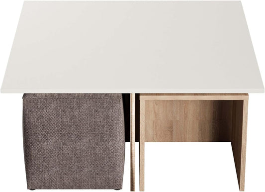 Manhattan Comfort Haley Mid Century Modern Coffee Table & Ottoman Set with Nested Design for Small Spaces, Versatile Living Room Furniture, Accent Decor, Natural and Nude