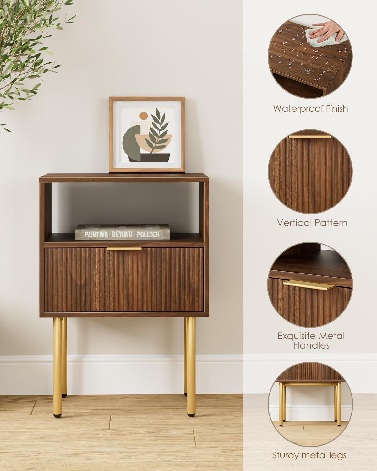 Nightstand,Small Bedside Table with Gold Frame,Morden Night Stand with 2 Drawer,End Table,Side Table with Drawer and Shelf for Bedroom,Living Room (Grey-1Drawer)