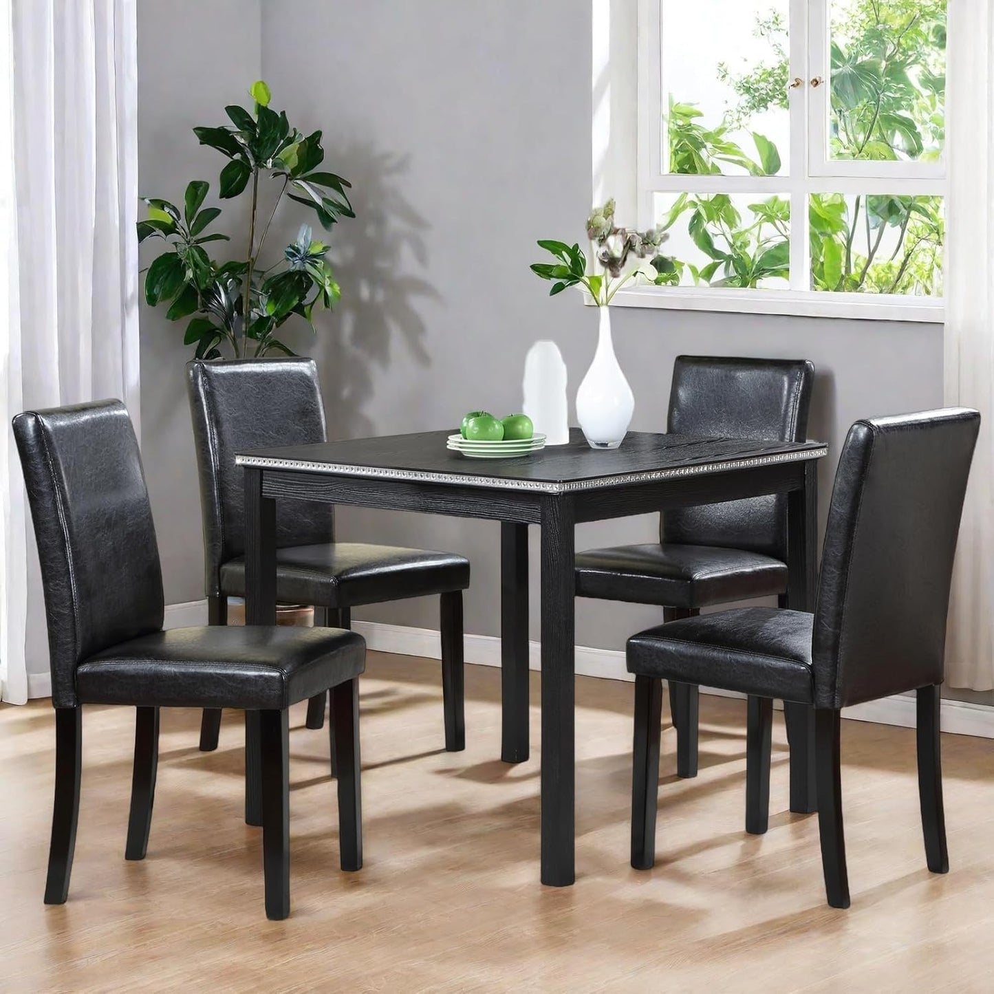 Dining Table Set for 4, 5-Piece Dining Room Table Set with Square Crystal Decoration Table & 4 Upholstered Backrest Chairs, Counter Height Kitchen Sets with Faux Wood Grain Design, Black