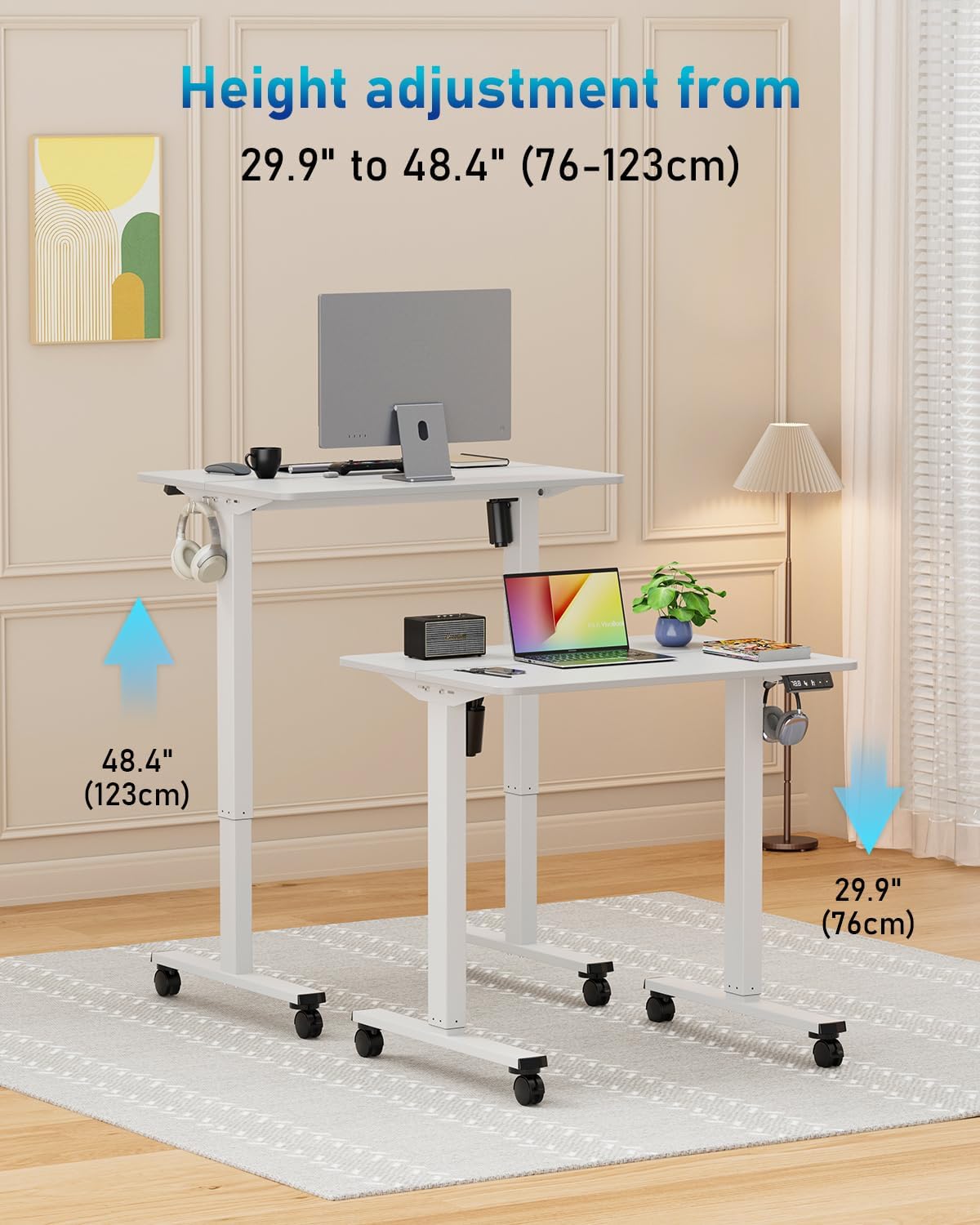 Small Height Adjustable Electric Standing Desk, 31.5" x 23.6" Sit Stand up Desk with Splice Board, Ergonomic Rising Computer Home Office Desk Table with Memory Preset, White Frame/White Top