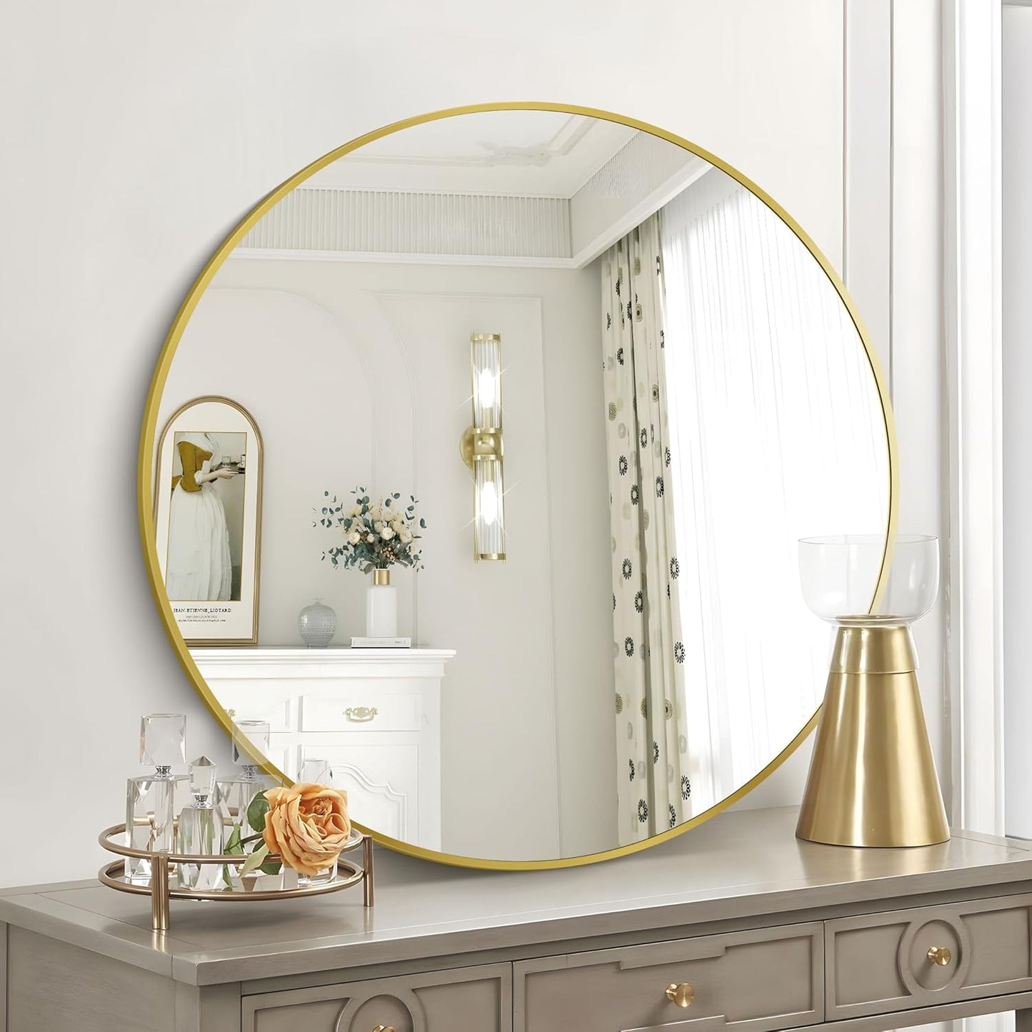 Gold Round Mirror, 39 Inch Wall Mounted Aluminum Alloy Metal Frame Mirror, Perfect for Bathroom, Entryway, Living Room