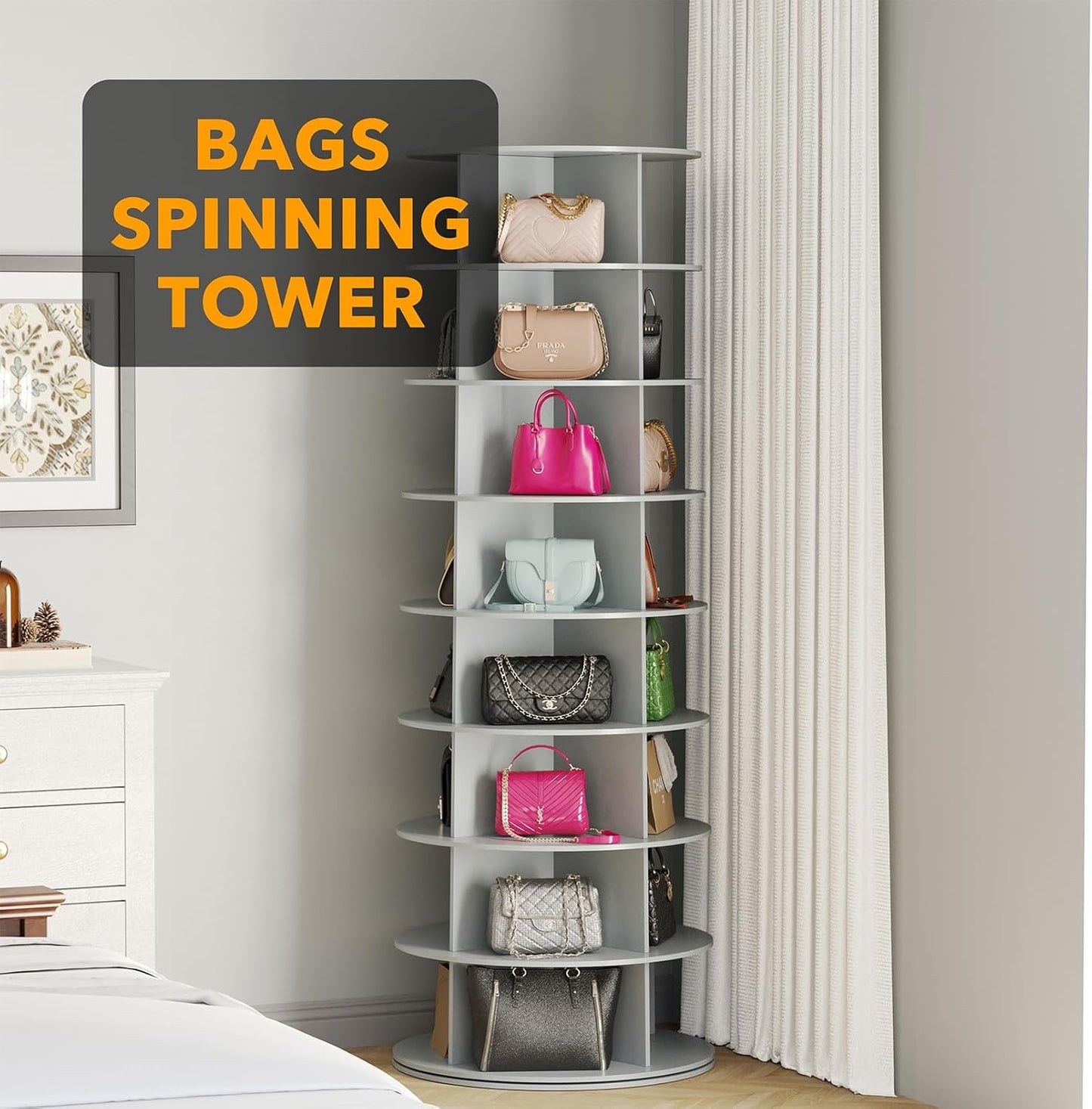 SpaceAid 8 Tier Rotating Shoe Rack Tower, Spinning Shoe Display Lazy Susan, Revolving 360 Shoe Rack Storage Round Carousel, Vertical Handbag Rotate Shoes Closet Organization (8-Tier Gray)