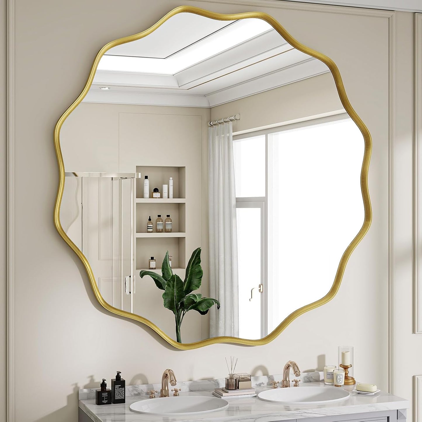 Round Wavy Mirror, 42 Inch Metal Frame Circle Mirror, Round Wall Mounted for Entryway, Bathroom, Vanity, Living Room, Gold
