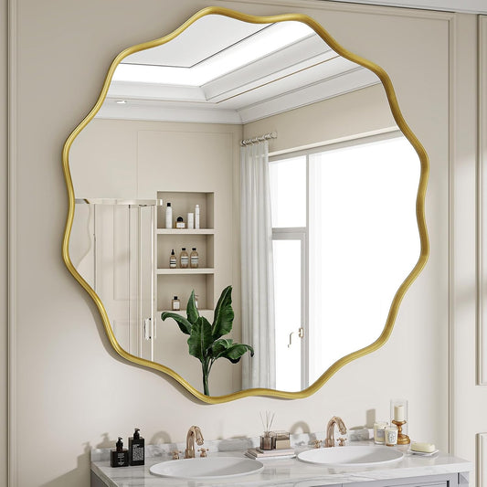 Round Wavy Mirror, 42 Inch Metal Frame Circle Mirror, Round Wall Mounted for Entryway, Bathroom, Vanity, Living Room, Gold
