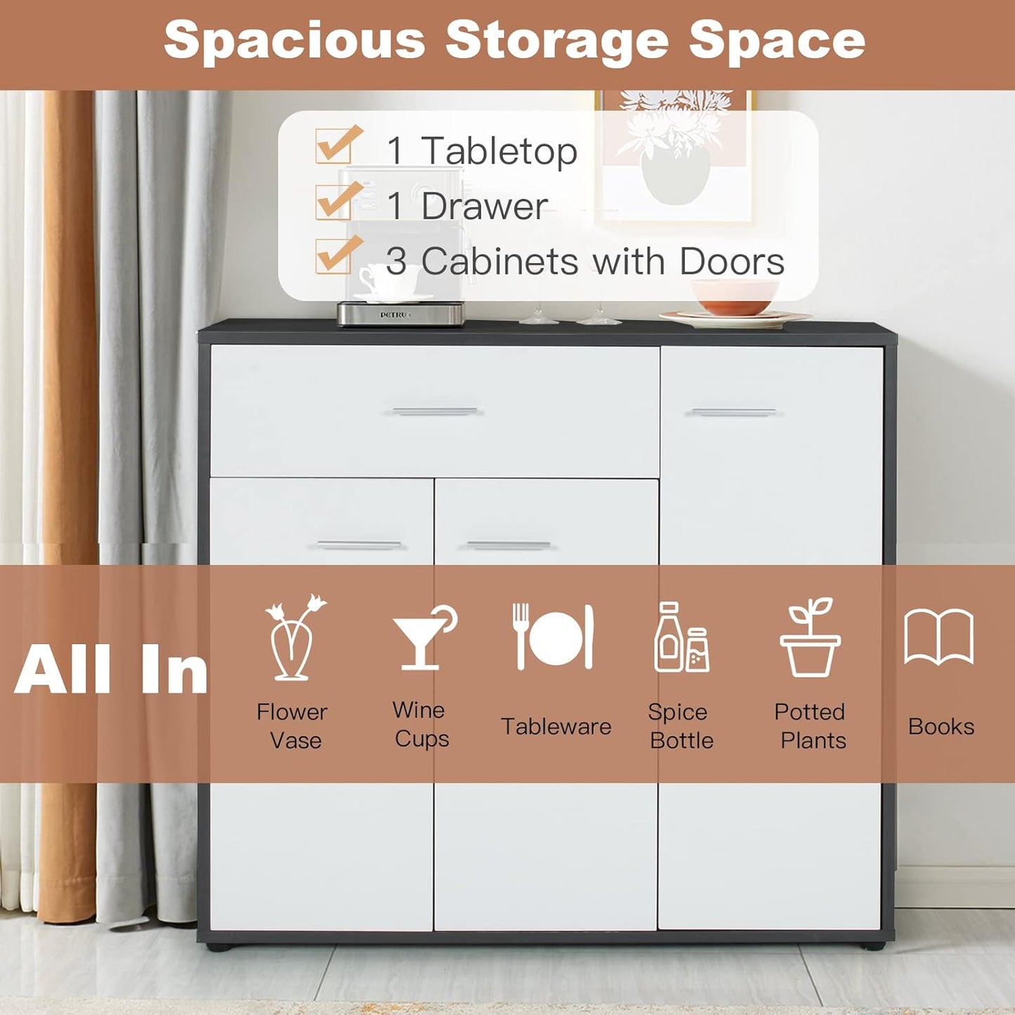 COSTWAY Buffet Sideboard Storage Cabinet, White Kitchen Sideboard with Spacious Table Top, 2 Door Cabinets, Large Drawer, Adjustable Shelf, Anti-Toppling Device, Console Cupboard for Home Living Room