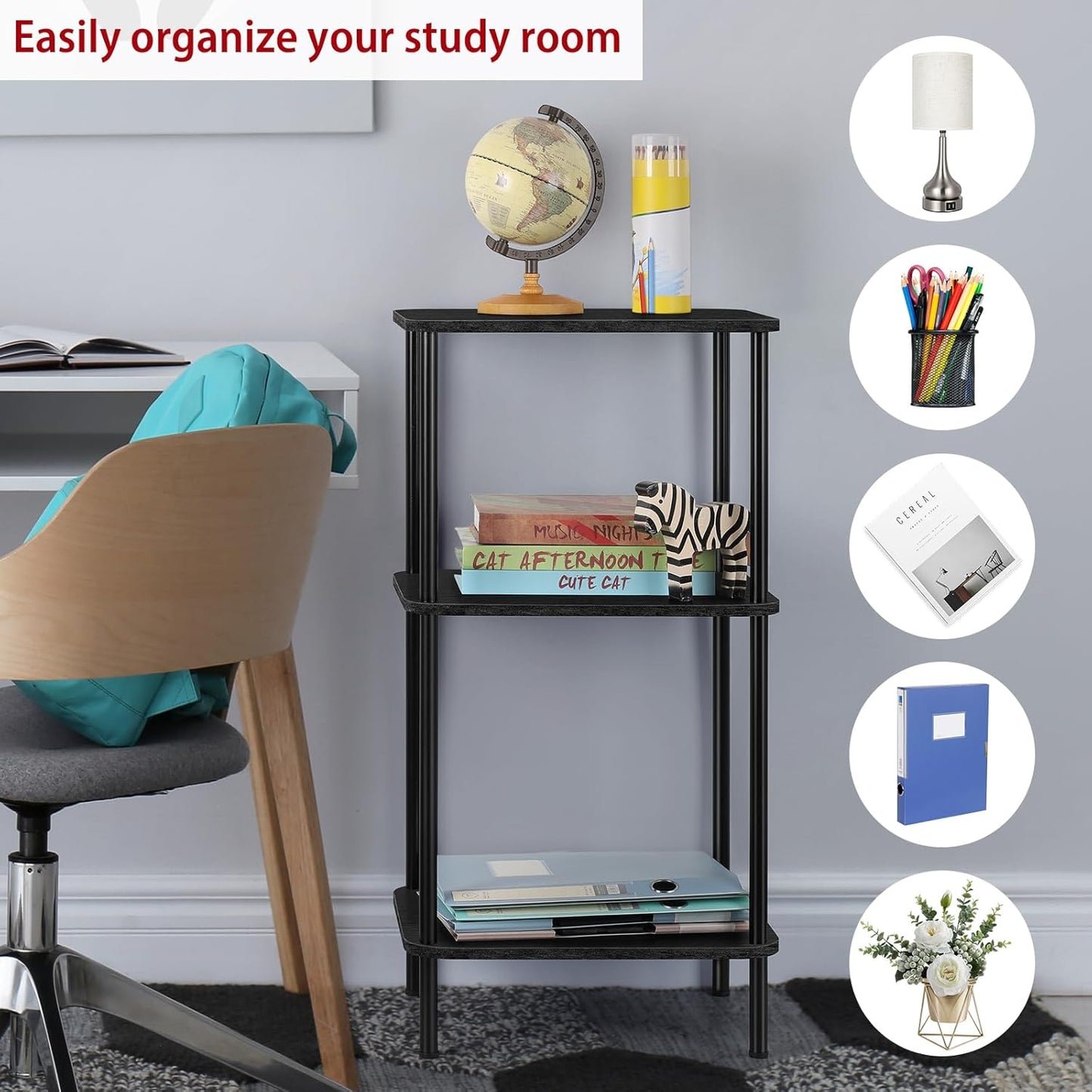 smusei 3 Tier Small End Table Tall Telephone Table with Storage Shelves Black Sidetable for Small Spaces Tall Night Stand Table for Bedroom, Living Room, Office, Sofa Couch