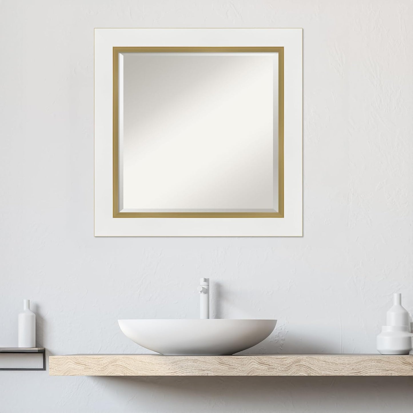 Amanti Art White Bathroom Mirror for Over Sink, 25x25 Eva White Gold Square Vanity Mirror, Medium Modern Frame, Hangs Horizonally and Vertically, Bathroom Wall Decor, Beveled Edge from WI, USA