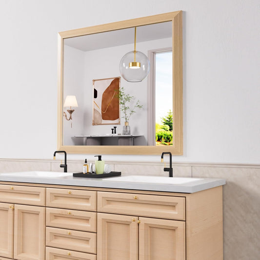 Amorho 40X36 Inch Bathroom Mirror for Wall, Oak Wood Grain Metal Framed Mirror, Anti-Rust, Hang Horizontally/Vertically, Suitable for Vanity, Bedroom, Farmhouse, Bathroom