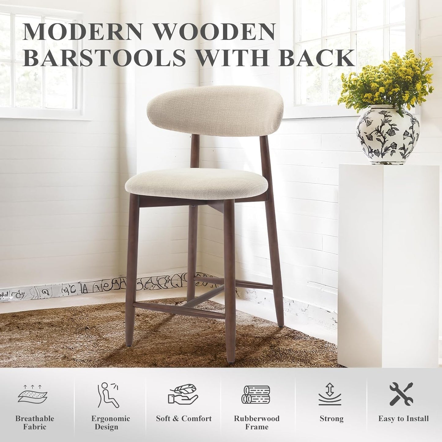 COLAMY Counter Height Bar Stools Set of 4, Kitchen Bar Stools with Back, Mid Century Modern Upholstered, with Wood Legs for Kitchen Island Dining Room, Beige