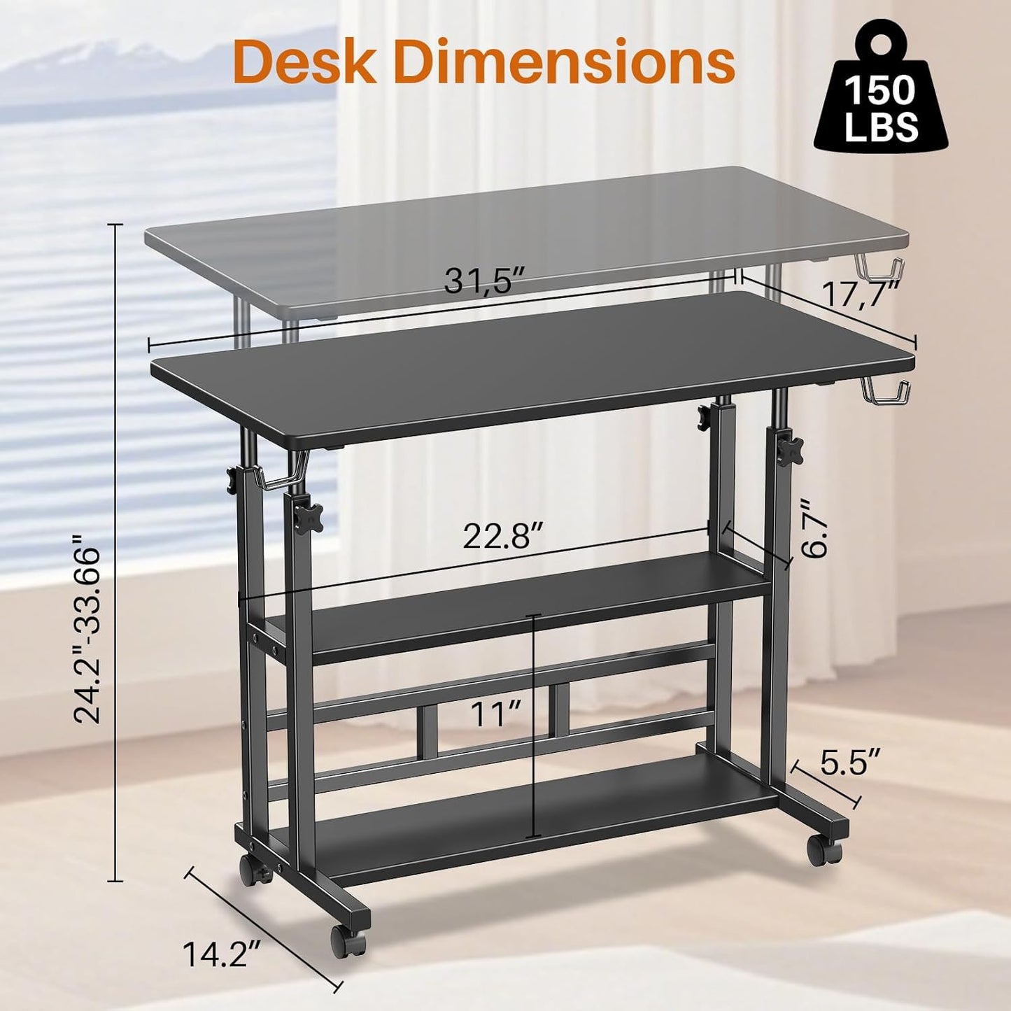 Adjustable Height Standing Desk, Rolling Stand Up Desk with Storage Shelves, 31.5" Small Mobile Computer Desk, Portable Laptop Table (Simple Black)