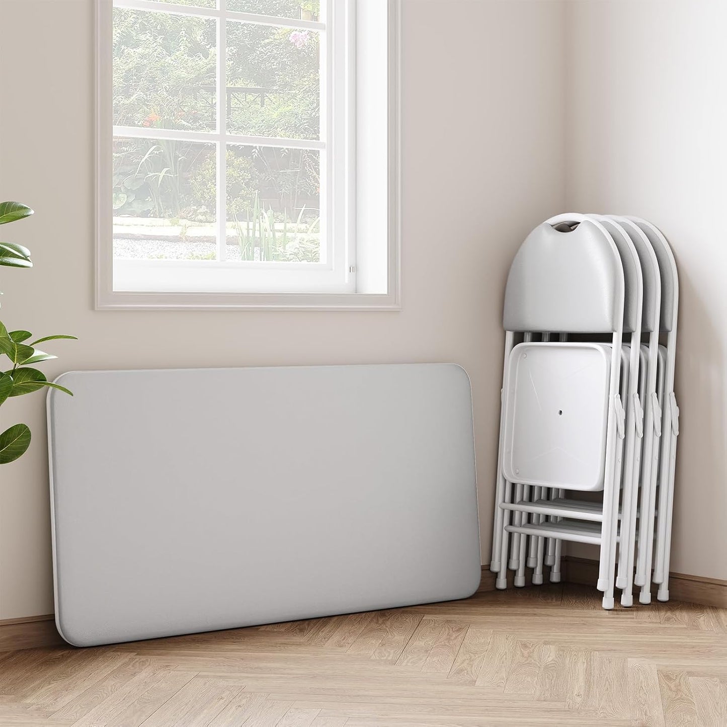 IDEALHOUSE Protable Folding Table and Chairs, 5 Piece Folding Card Table and Chairs Set, Foldable PU Upholstered Table and Chairs Set of 5, for Dining Room, Living Room, Office, Camping, Gray