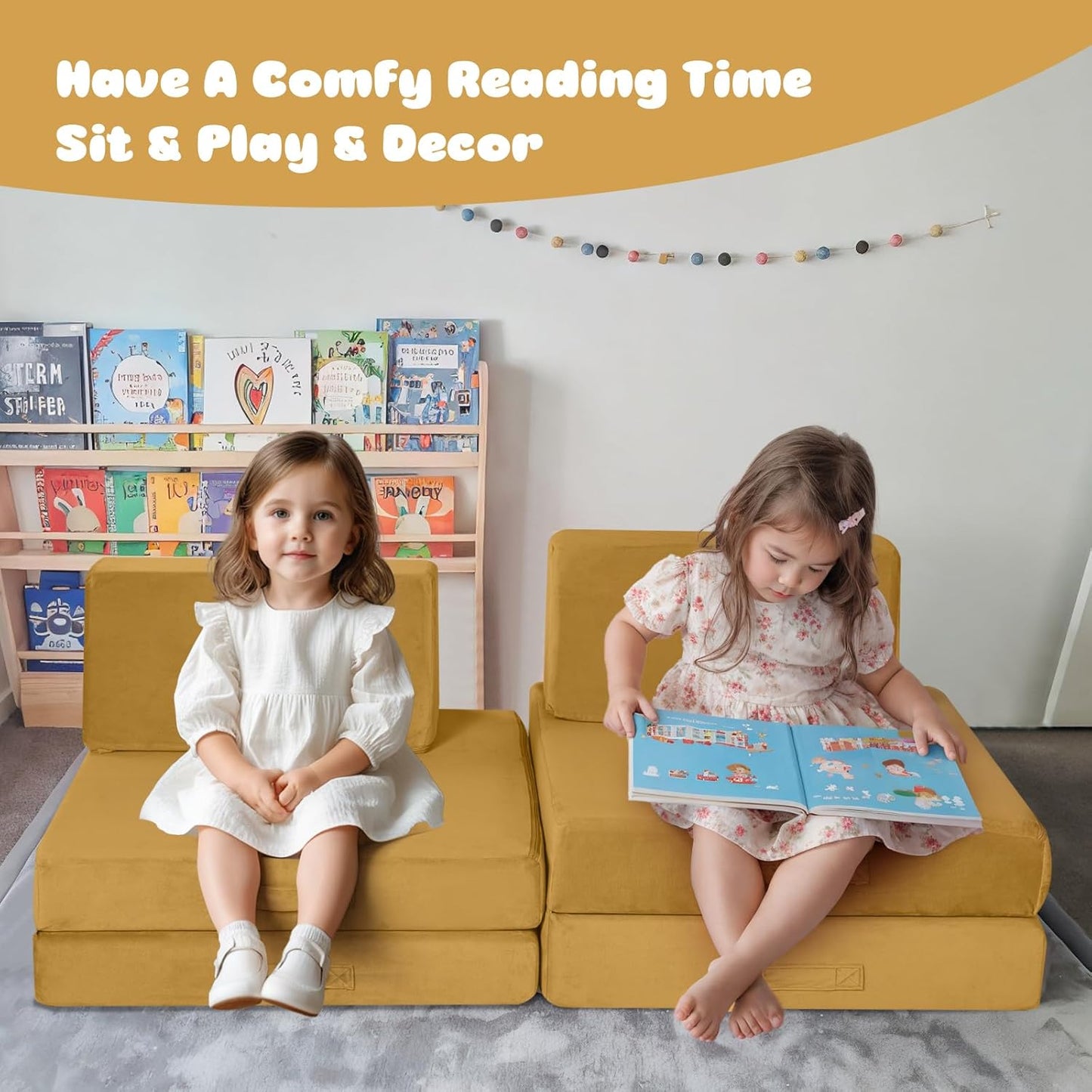 MeMoreCool Modular Kids Couch Sofa, Mustard 8-Piece Convertible Foam Play Couch Set for Toddlers and Playroom