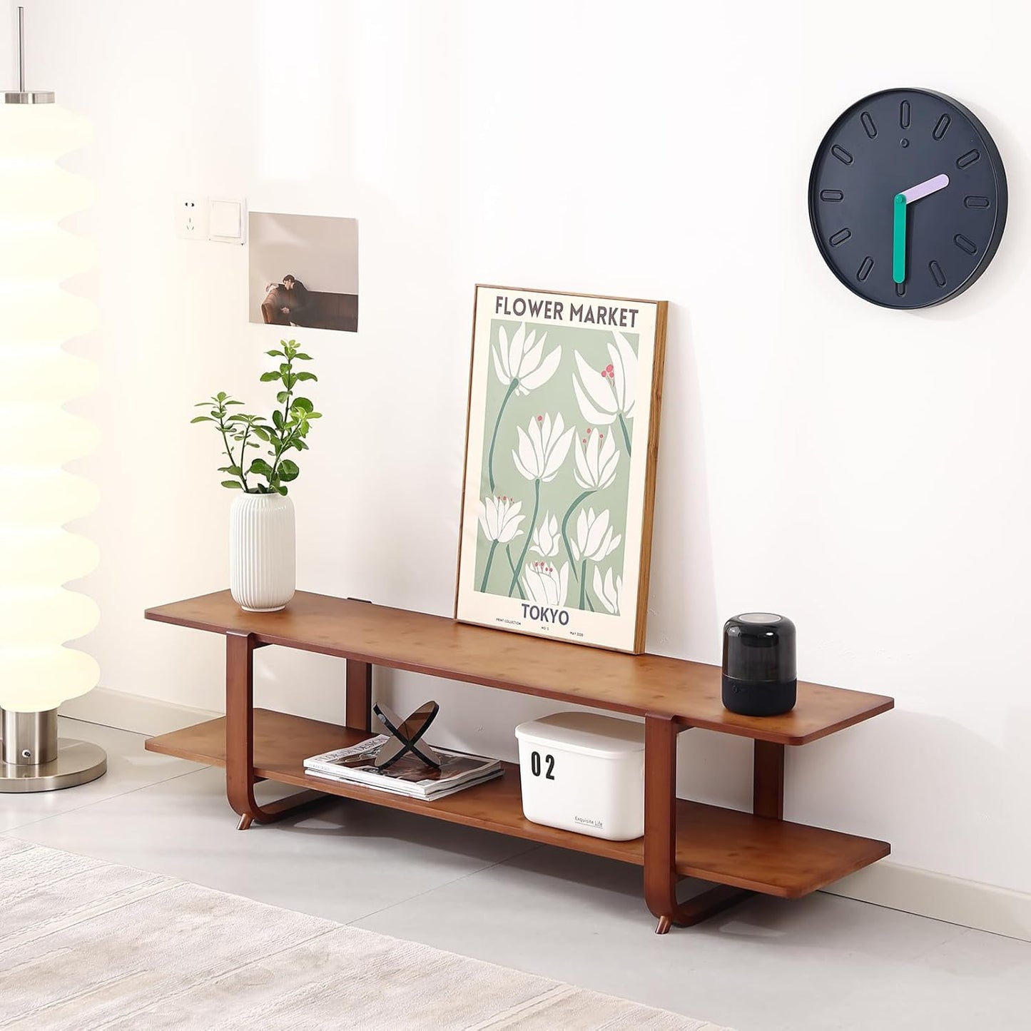 Tiita TV Stand with Storage for TVs up to 65'', Bamboo TV Console Entertainment Center with 2 Open Shelf, Mid Century Modern Media Console for Living Room, Bedroom, Walnut