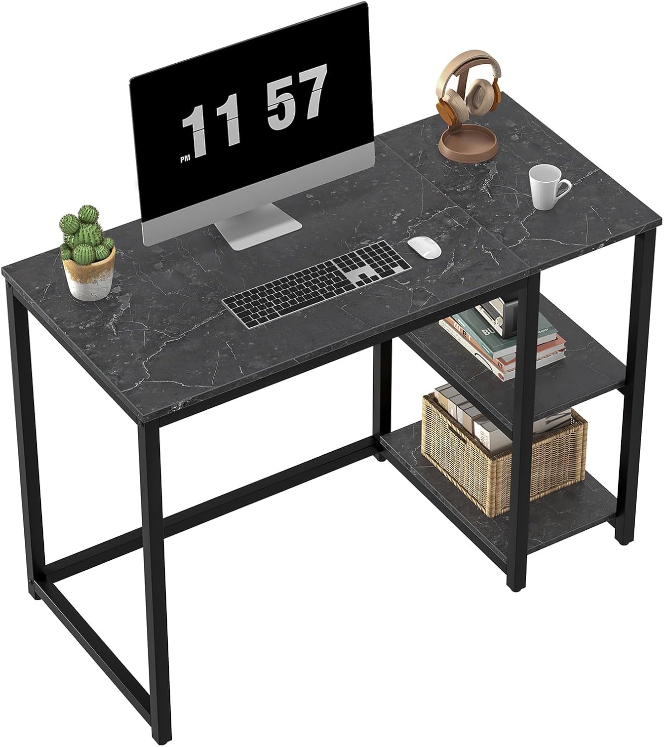 SINPAID Computer Desk 40 inches with 2-Tier Shelves Sturdy Home Office Desks with Large Storage Space Modern Gaming Desk Study Writing Laptop Table, Black Marbling